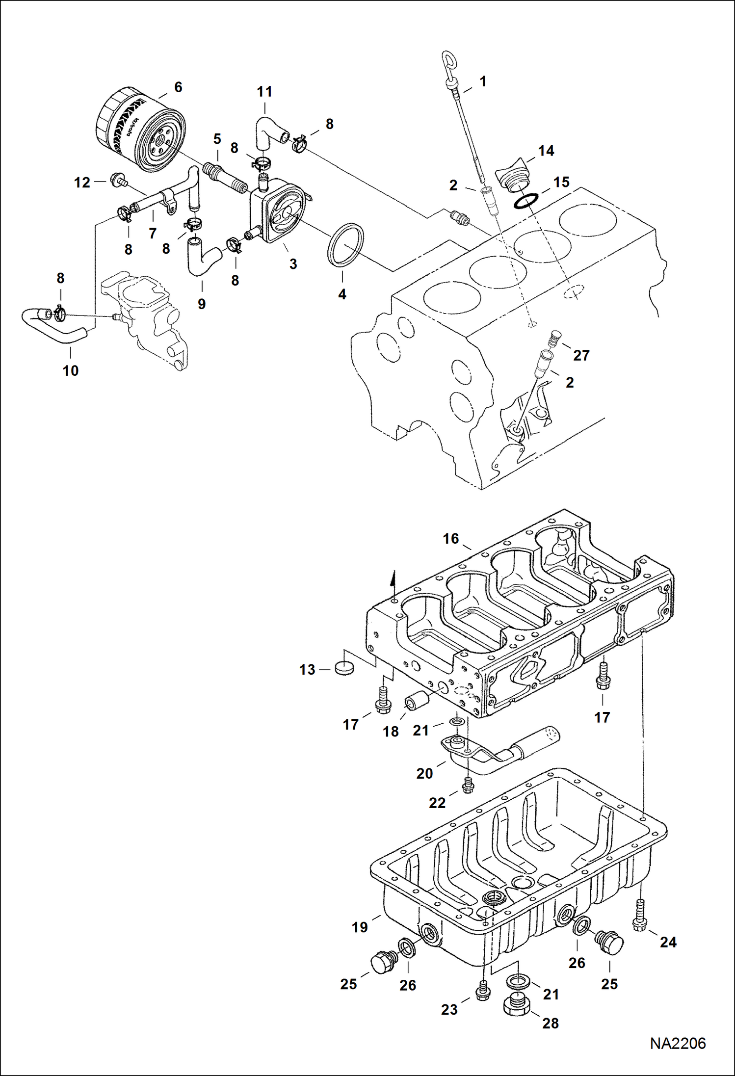 Схема запчастей Bobcat WL440 - OIL PAN & COOLER (Kubota) POWER UNIT