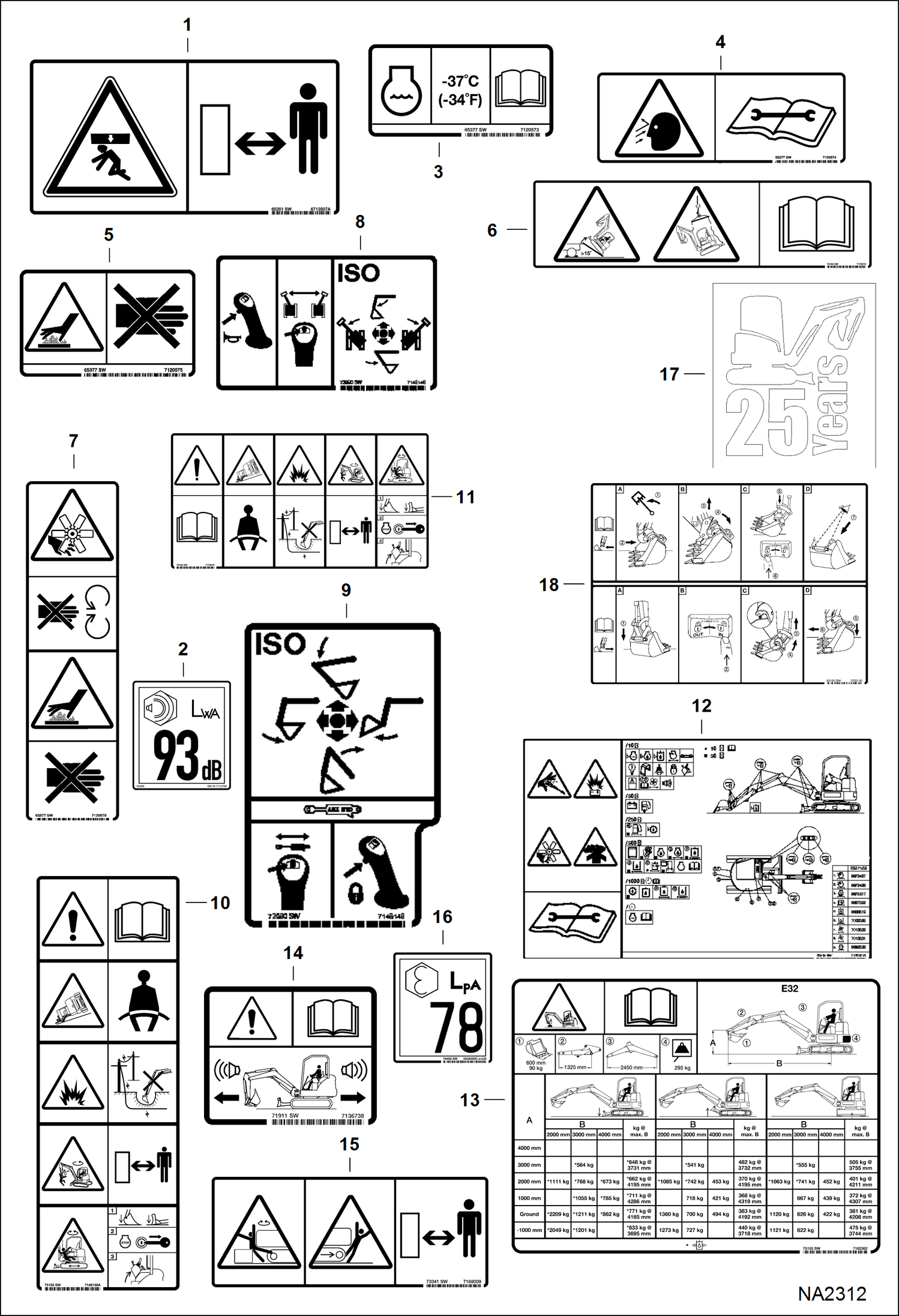 Схема запчастей Bobcat E32 - DECALS (EMEA No-text) ACCESSORIES & OPTIONS