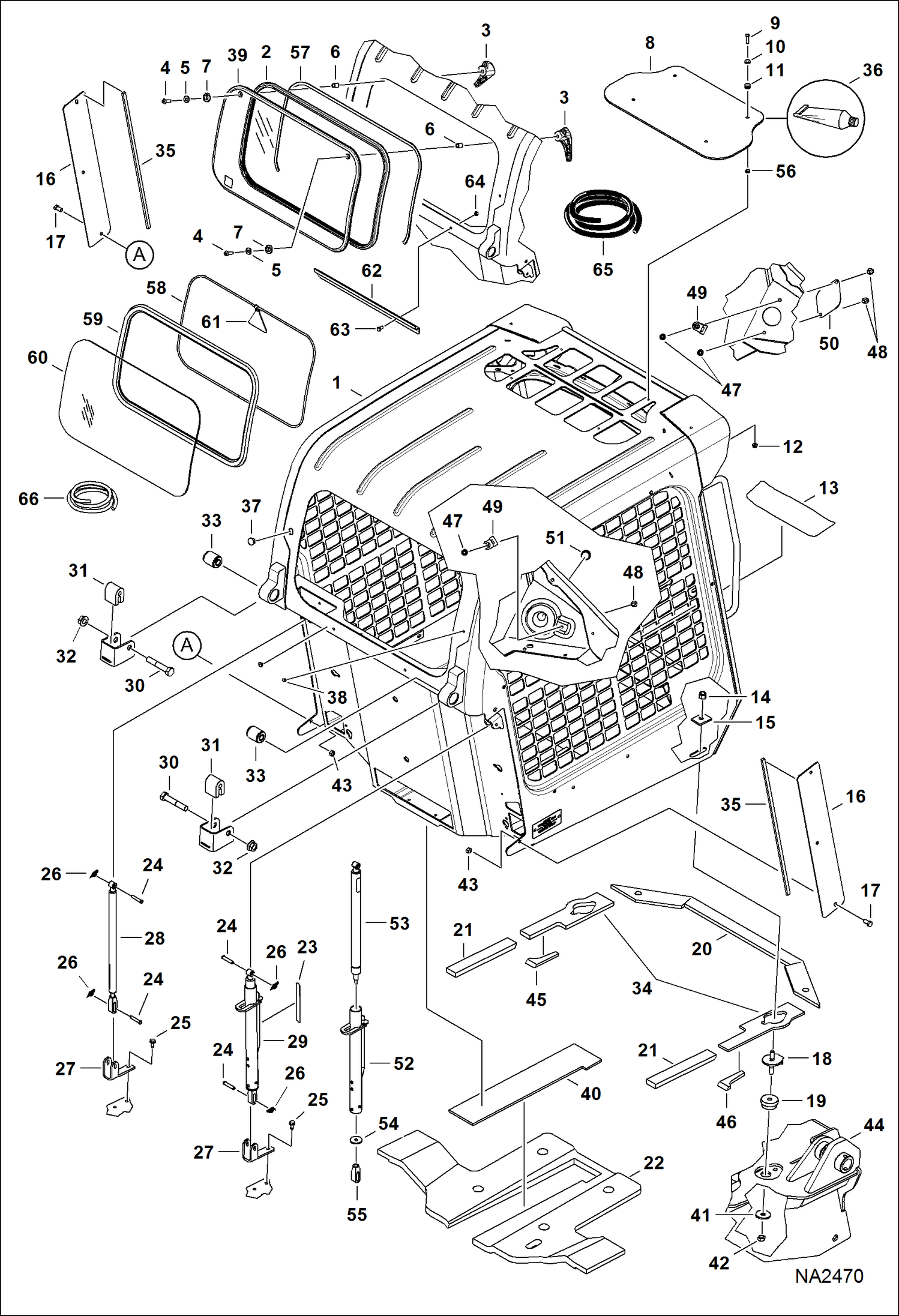 Схема запчастей Bobcat A-Series - OPERATOR CAB (Gas Spring) MAIN FRAME