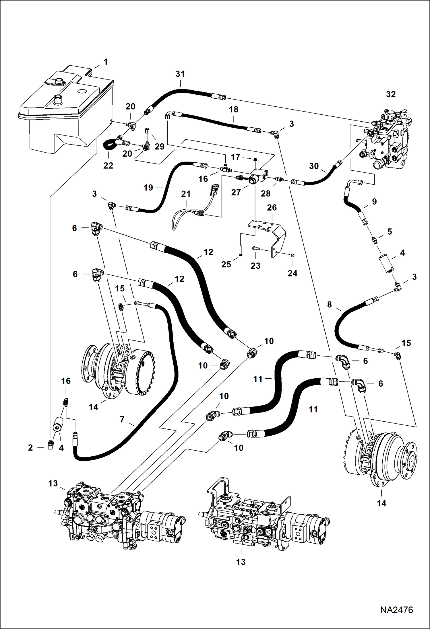 Схема запчастей Bobcat T-Series - HYDROSTATIC CIRCUITRY (W/Motors - R921810784) (S/N A3LL11001 - 36499) HYDROSTATIC SYSTEM