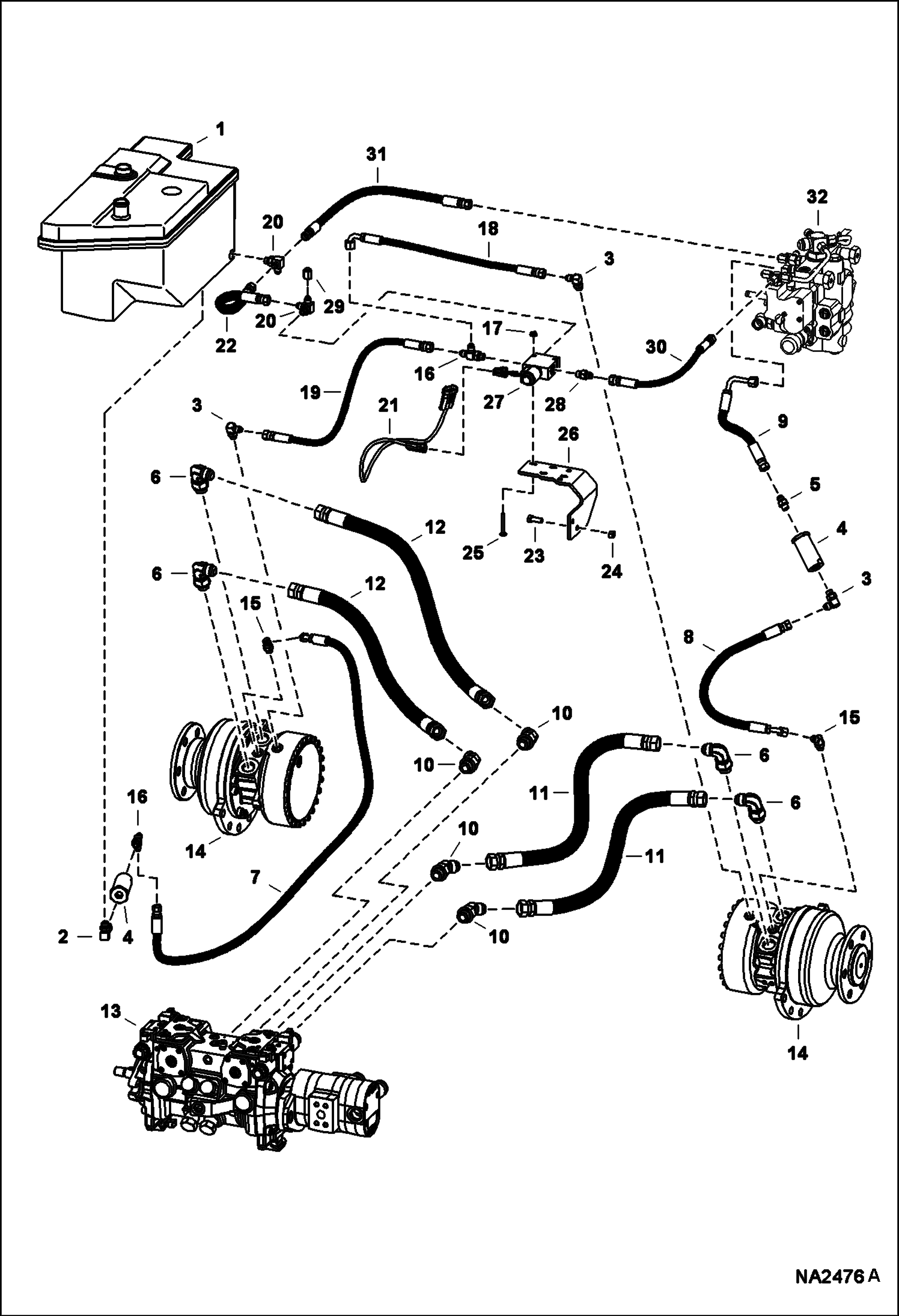 Схема запчастей Bobcat T-Series - HYDROSTATIC CIRCUITRY (W/Motors - R921810847) (S/N A3LN36500 & Above, A3LP36500 & Above) HYDROSTATIC SYSTEM