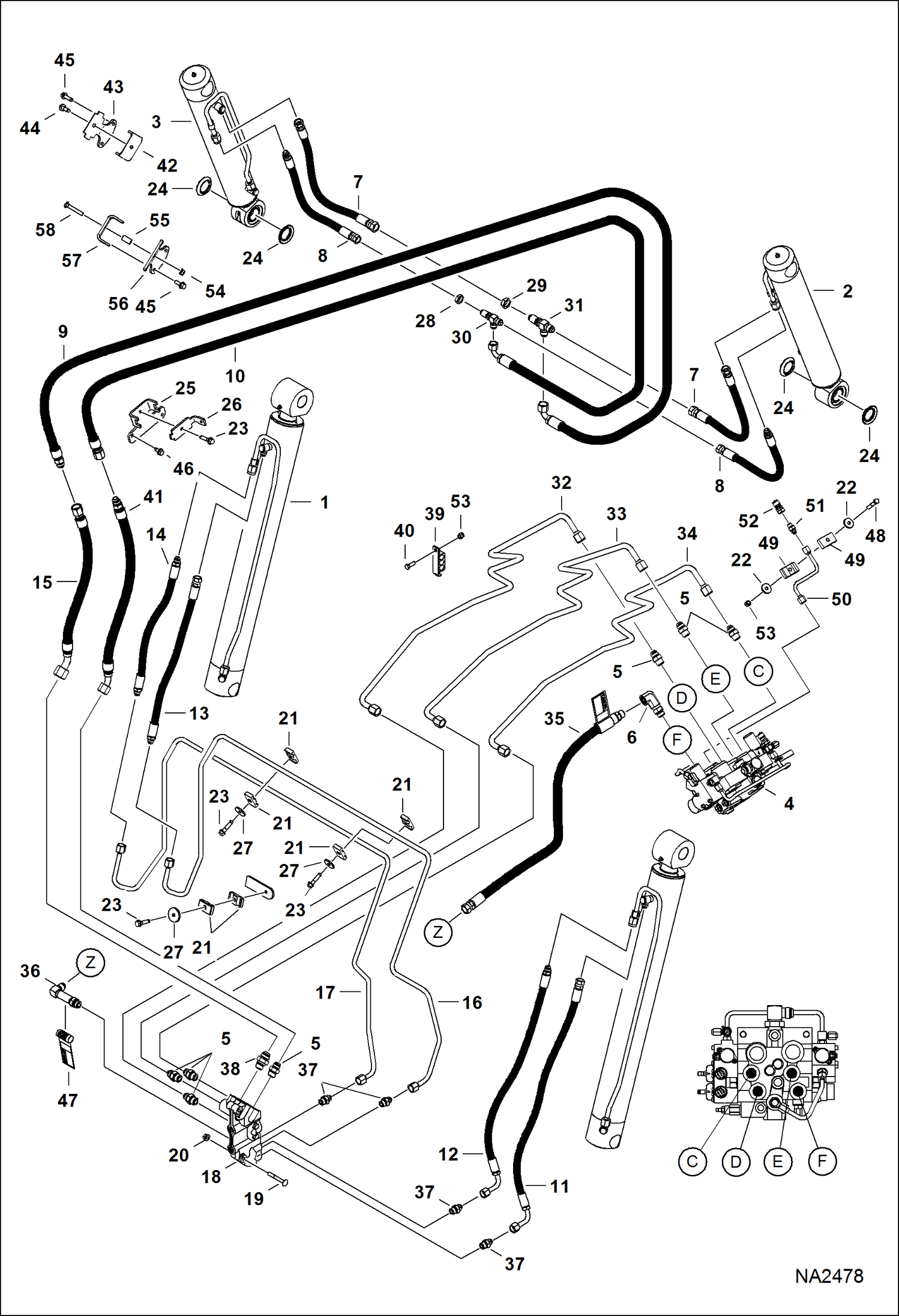 Схема запчастей Bobcat S-Series - HYDRAULIC CIRCUITRY (W/BPV Junction Block) (S/N ACS711001 - 11987, ACSL11001 - 11593) HYDRAULIC SYSTEM