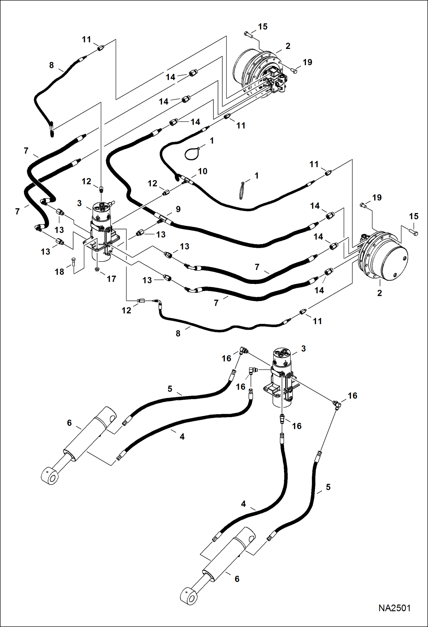 Схема запчастей Bobcat 435 - HYDRAULIC CIRCUITRY (Lower)(W/O Angle Blade) (S/N AACD11215 & Above, AA8A11159 & Above) HYDRAULIC/HYDROSTATIC SYSTEM