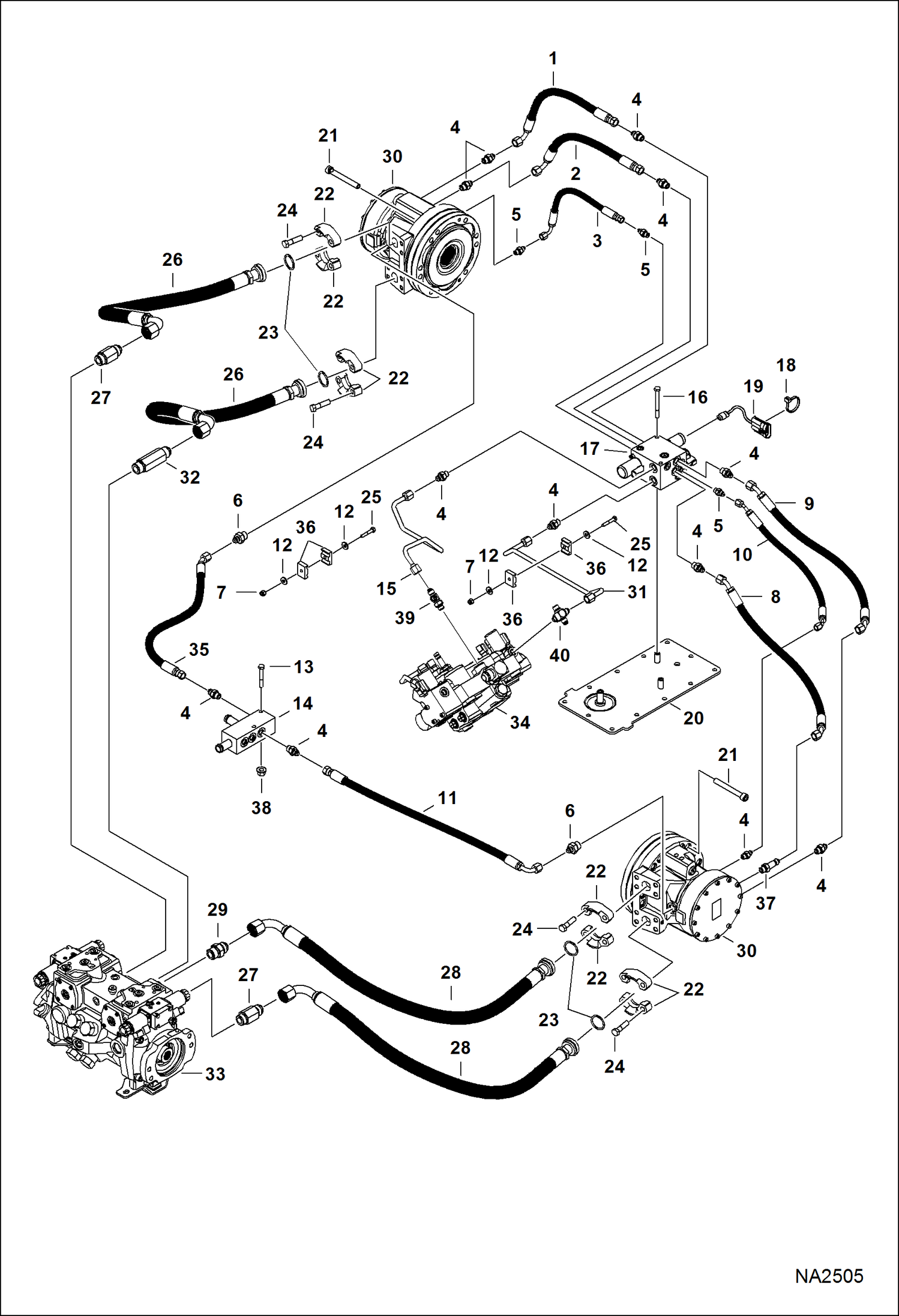 Схема запчастей Bobcat S-Series - HYDROSTATIC CIRCUITRY (Motors) (S/N ACS711001 - 12799, ACSL11001 - 12349) HYDROSTATIC SYSTEM