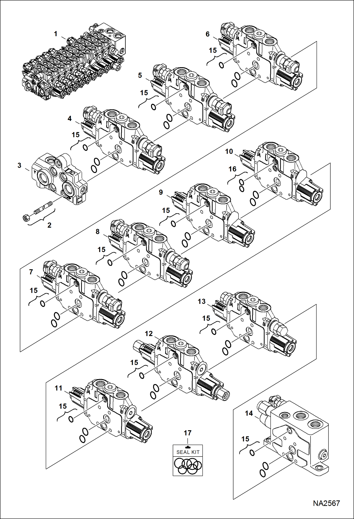 Схема запчастей Bobcat E42 - HYDRAULIC CONTROL VALVE (10 Section Assembly) (W/ Angle Blade) HYDRAULIC SYSTEM