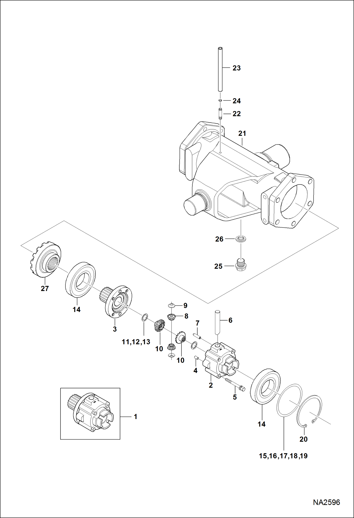 Схема запчастей Bobcat CT335 - FRONT AXLE SUPPORT & DIFFERENTIAL GROUP (Single Steering Cylinder) DRIVE TRAIN