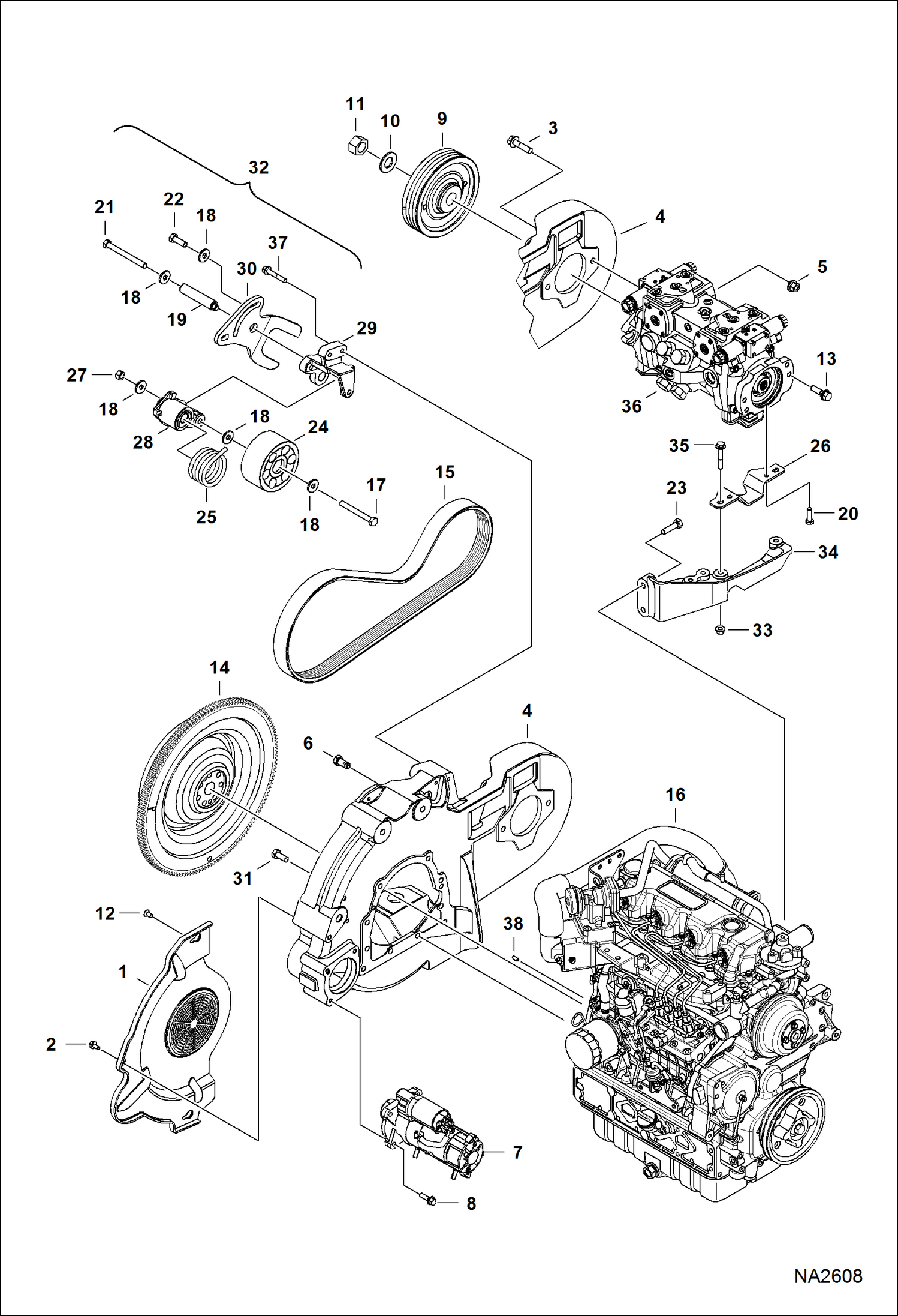 Схема запчастей Bobcat A-Series - ENGINE & ATTACHING PARTS (Belt Drive) (S/N A3P611001 - 11541, A3P711001 - 11565) POWER UNIT