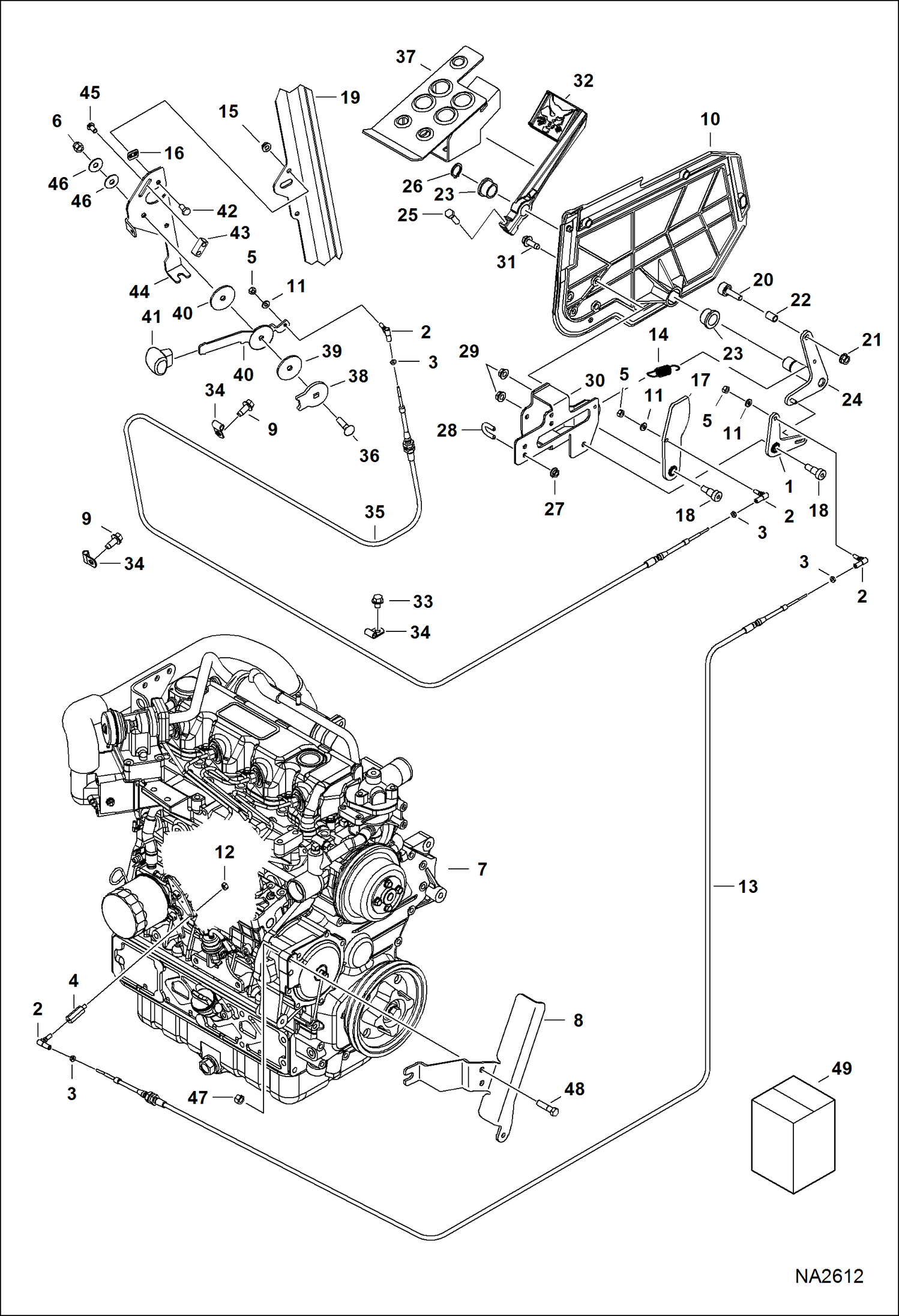 Схема запчастей Bobcat A-Series - ENGINE SPEED CONTROL (4616 mm) (181.7) Hand Cable - (2515 mm) (99) Foot Cable POWER UNIT