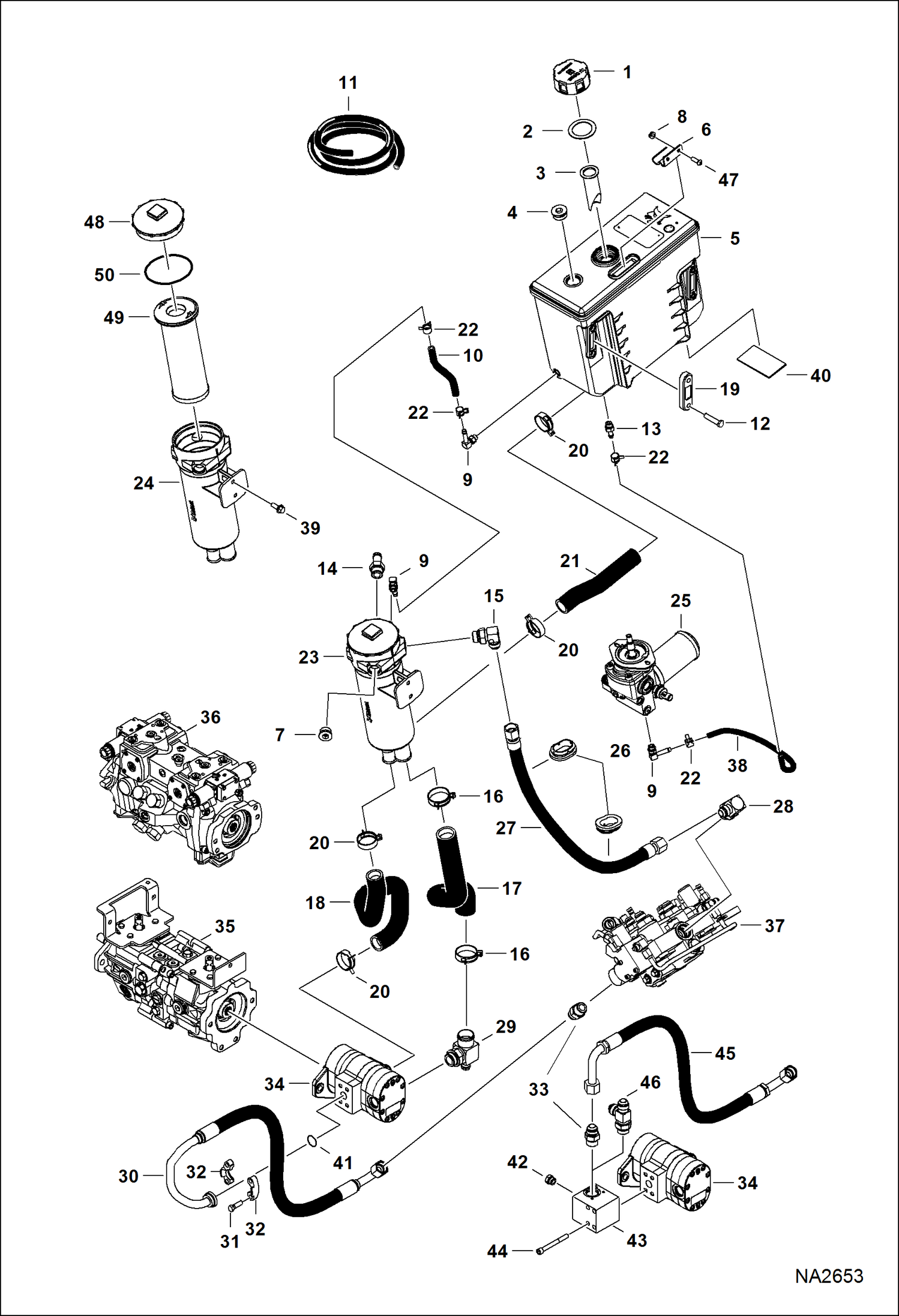 Схема запчастей Bobcat S-Series - HYDROSTATIC CIRCUITRY (Tank & Filter) (S/N A3NT11548 & Above, A3NU11004 & Above) HYDROSTATIC SYSTEM