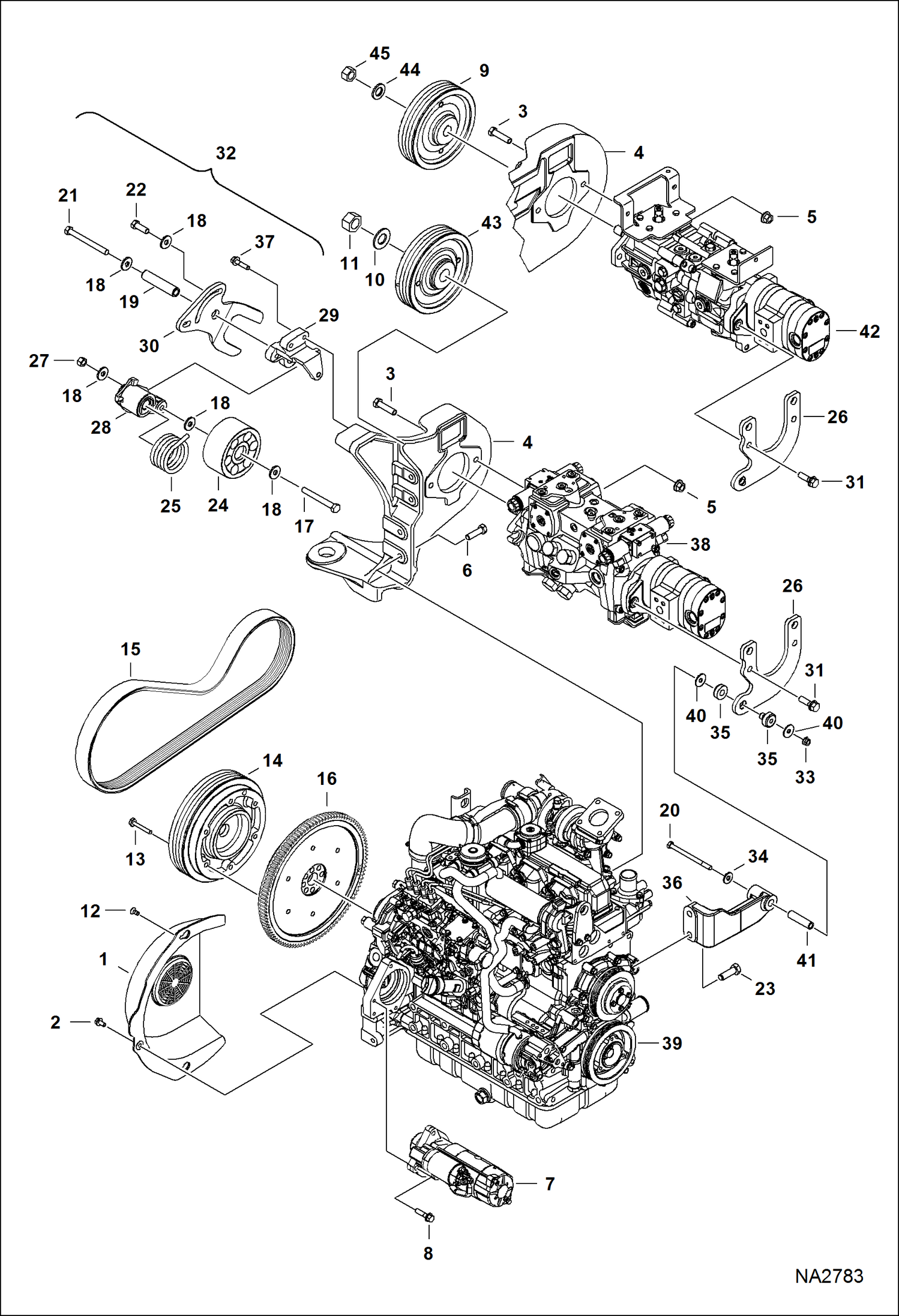 Схема запчастей Bobcat S-Series - ENGINE & ATTACHING PARTS (Belt Drive) (S/N A3NT12030 & Above, A3NU11045 & Above) POWER UNIT