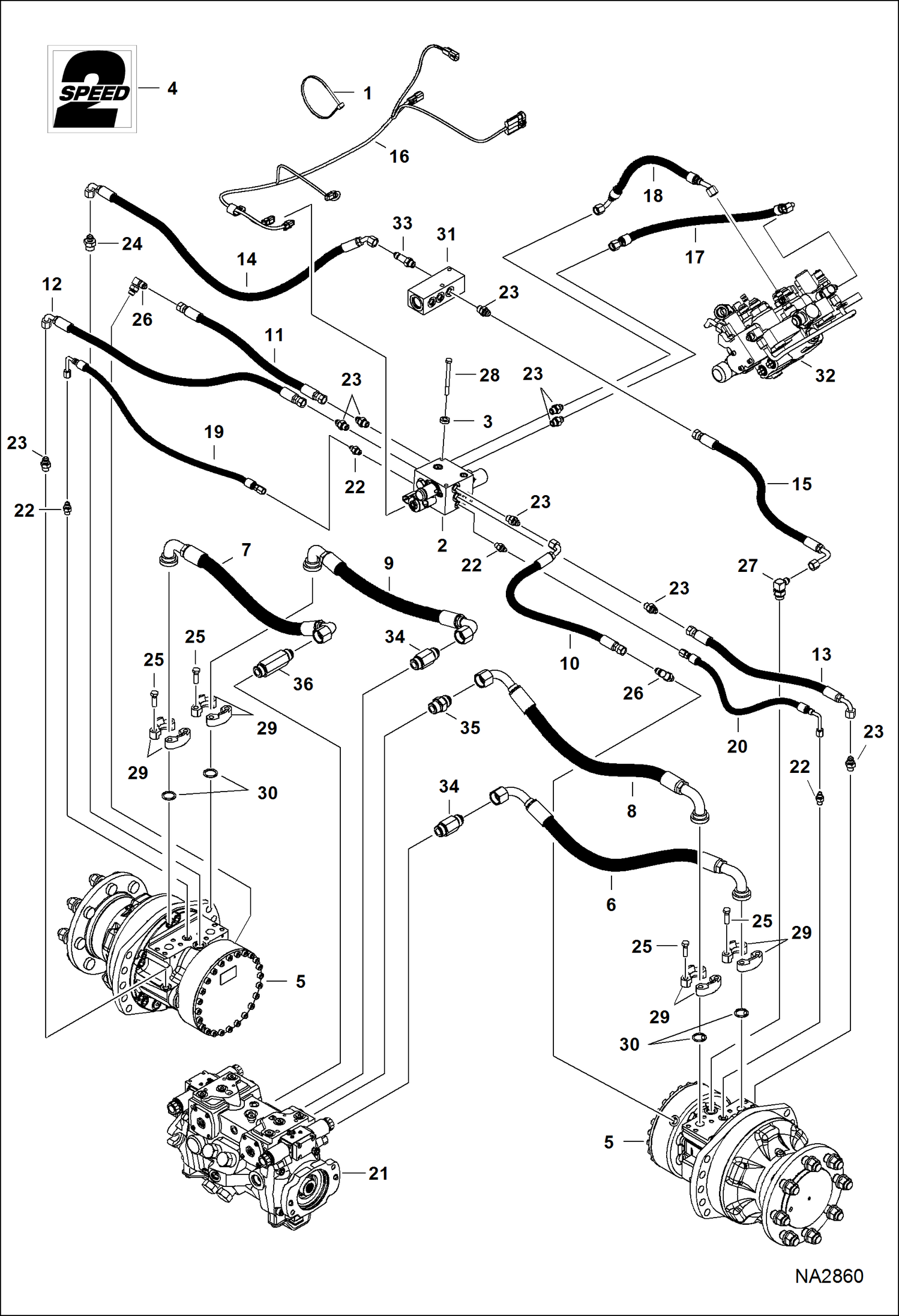 Схема запчастей Bobcat T-Series - HYDROSTATIC CIRCUITRY (2-Speed Motor) (S/N A3PG11001 - 12799, A3PH11001 - 12325) HYDROSTATIC SYSTEM