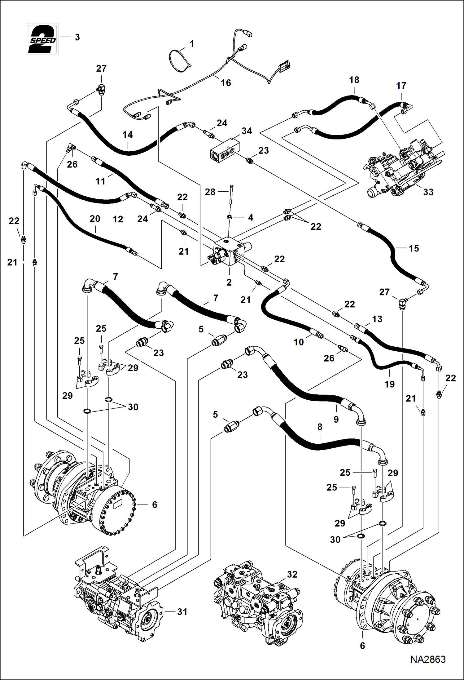 Схема запчастей Bobcat T-Series - HYDROSTATIC CIRCUITRY (2-Speed Motor) (S/N A7PU11001 - 13049) HYDROSTATIC SYSTEM