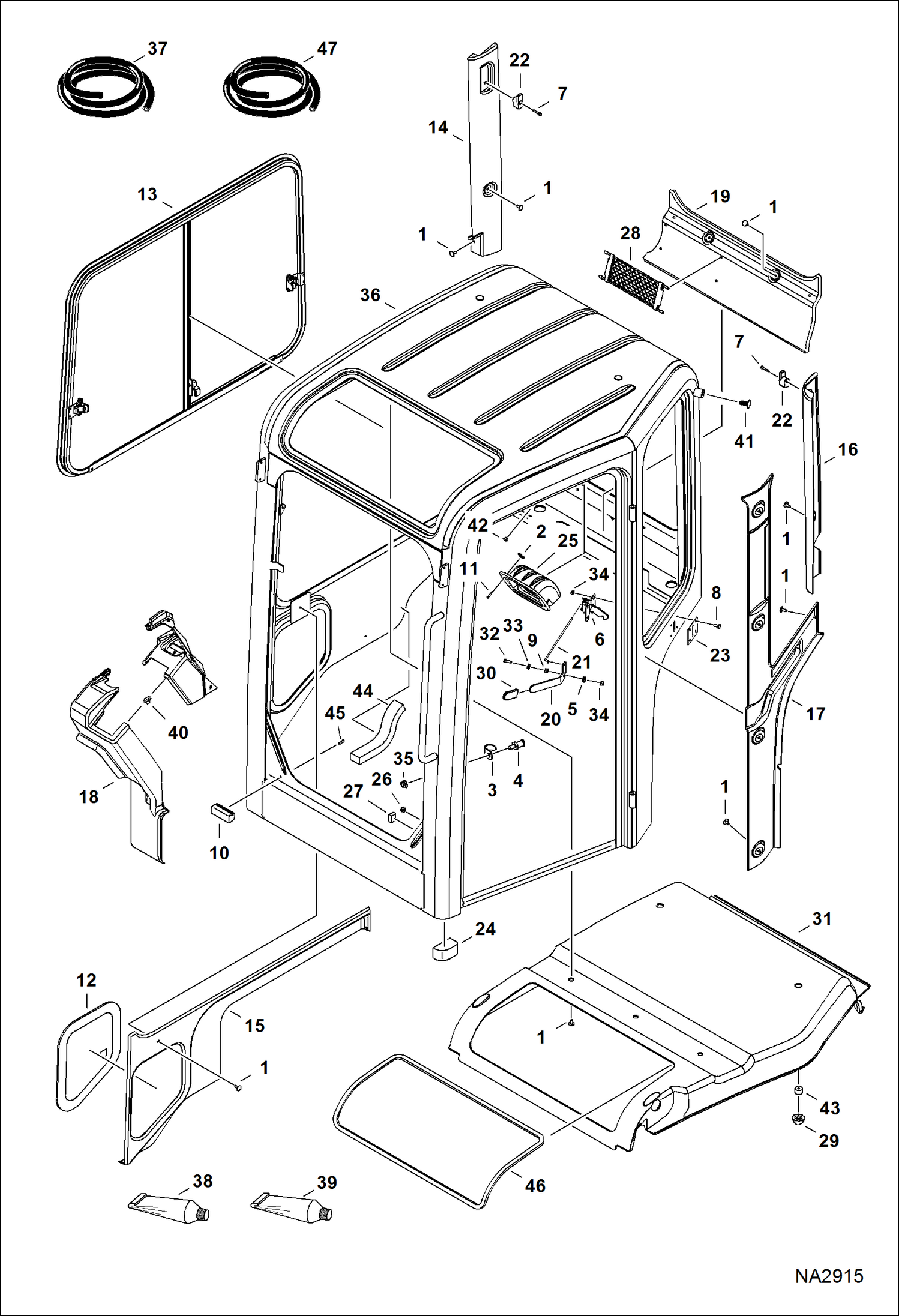 Схема запчастей Bobcat E42 - OPERATOR CAB (RH Window & Insulation) MAIN FRAME