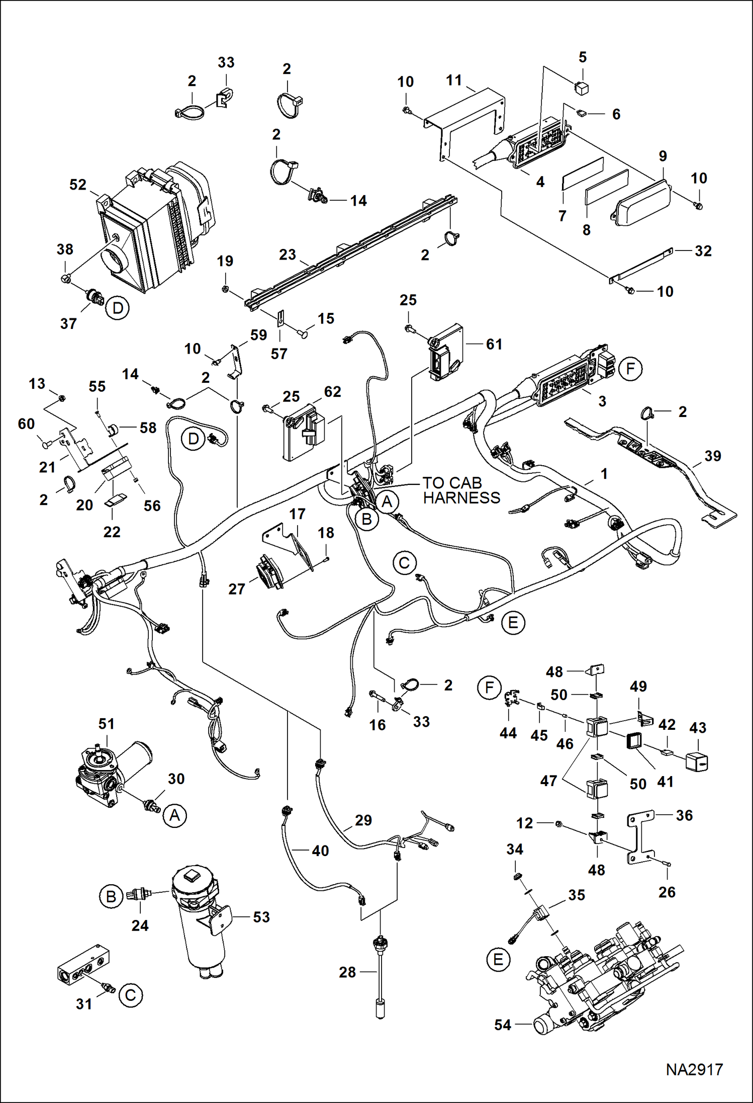 Схема запчастей Bobcat A-Series - ENGINE ELECTRICAL CIRCUITRY (Frame Harness & Filter Sensors) (S/N A3P611001 - A3P612362, A3P711001 - ) ELECTRICAL SYSTEM