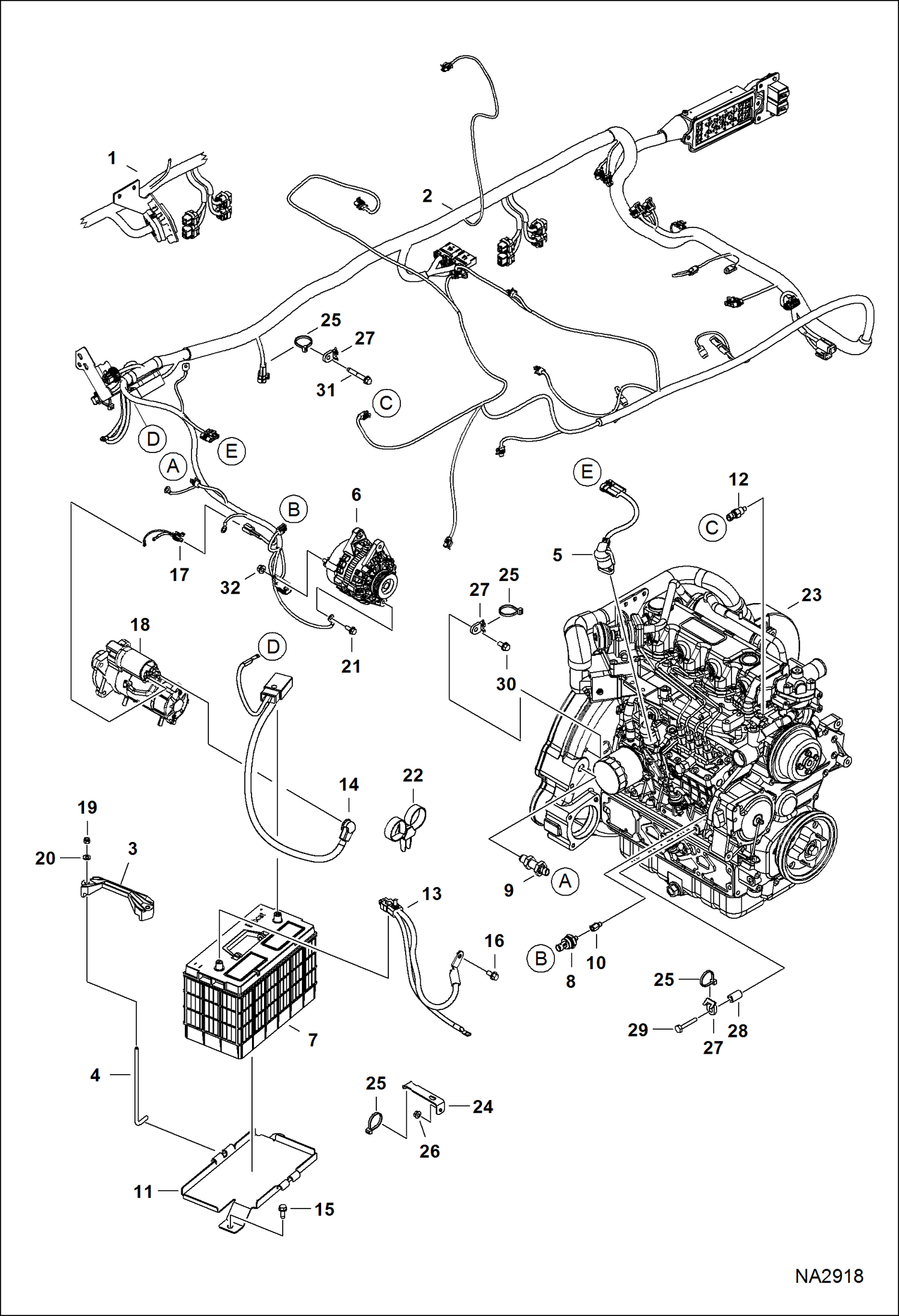 Схема запчастей Bobcat A-Series - ENGINE ELECTRICAL CIRCUITRY (Engine Sensors, Battery, Alt & Starter) ELECTRICAL SYSTEM