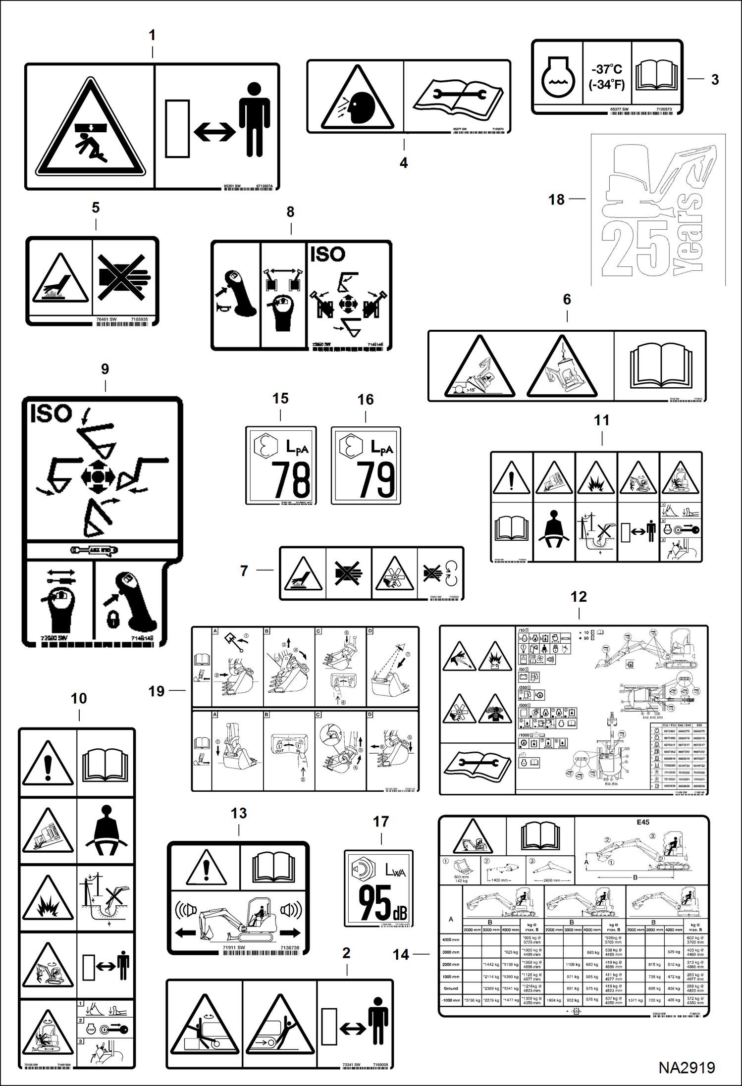 Схема запчастей Bobcat E45 - DECALS (EMEA No-text) ACCESSORIES & OPTIONS