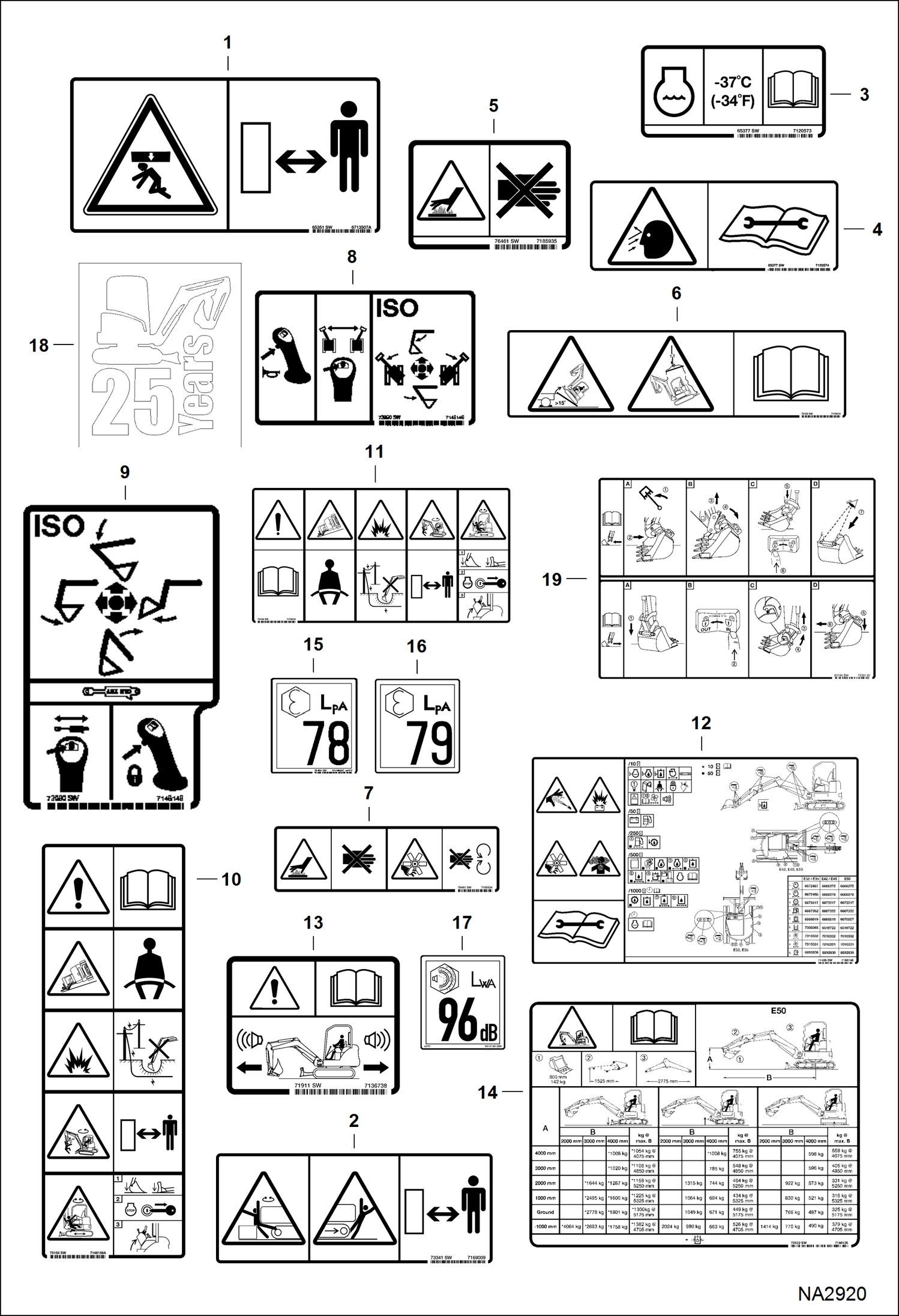 Схема запчастей Bobcat E50 - DECALS (EMEA No-text) ACCESSORIES & OPTIONS