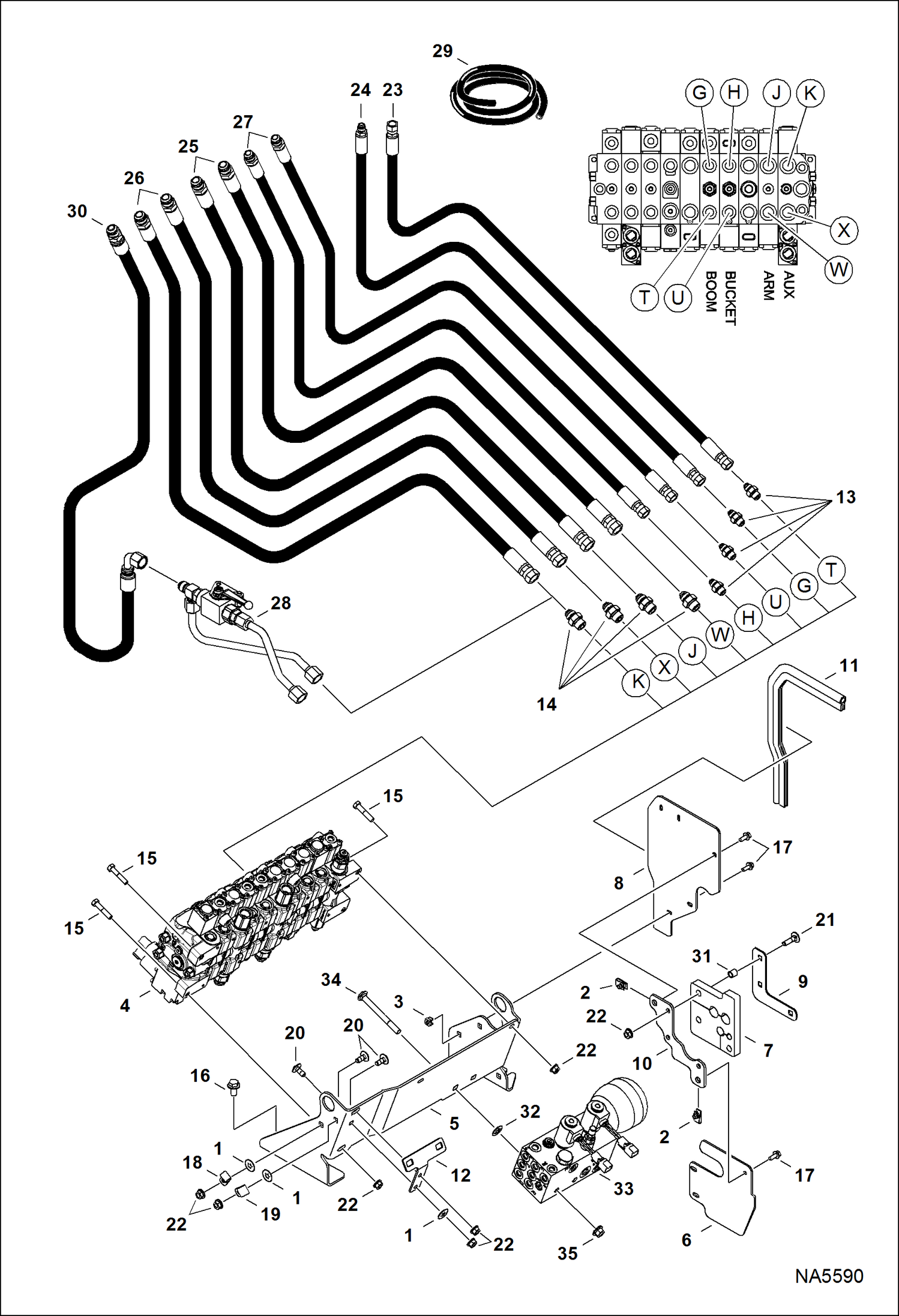 Схема запчастей Bobcat E25 - HYDRAULIC CIRCUITRY (Work Hoses & Control Valve Mounting) HYDRAULIC SYSTEM
