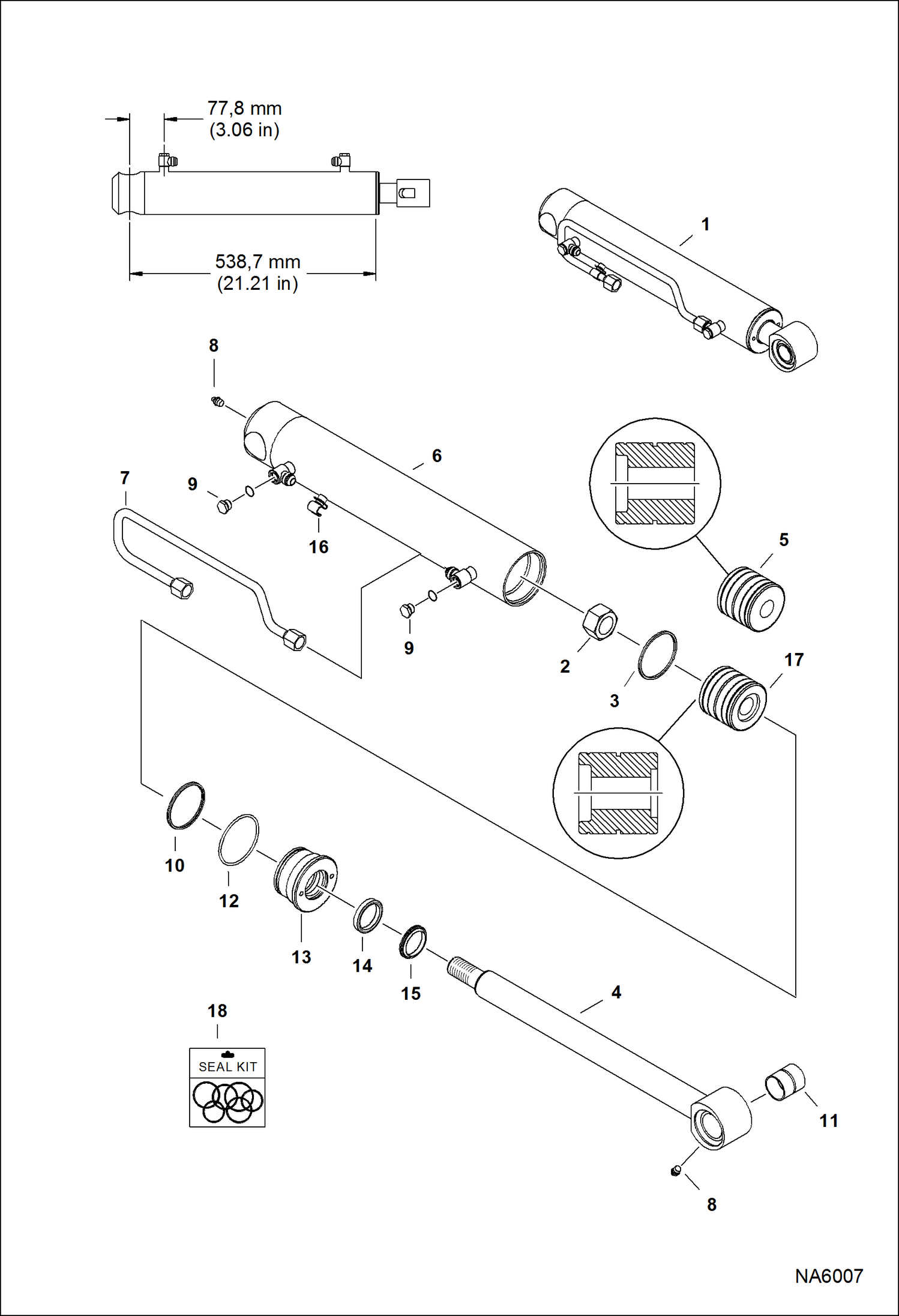 Схема запчастей Bobcat A-Series - TILT CYLINDER (LH) (538,7 mm - 21.21 Case Tube Length) (41,3 mm - 1.625 OD Shaft) HYDRAULIC SYSTEM