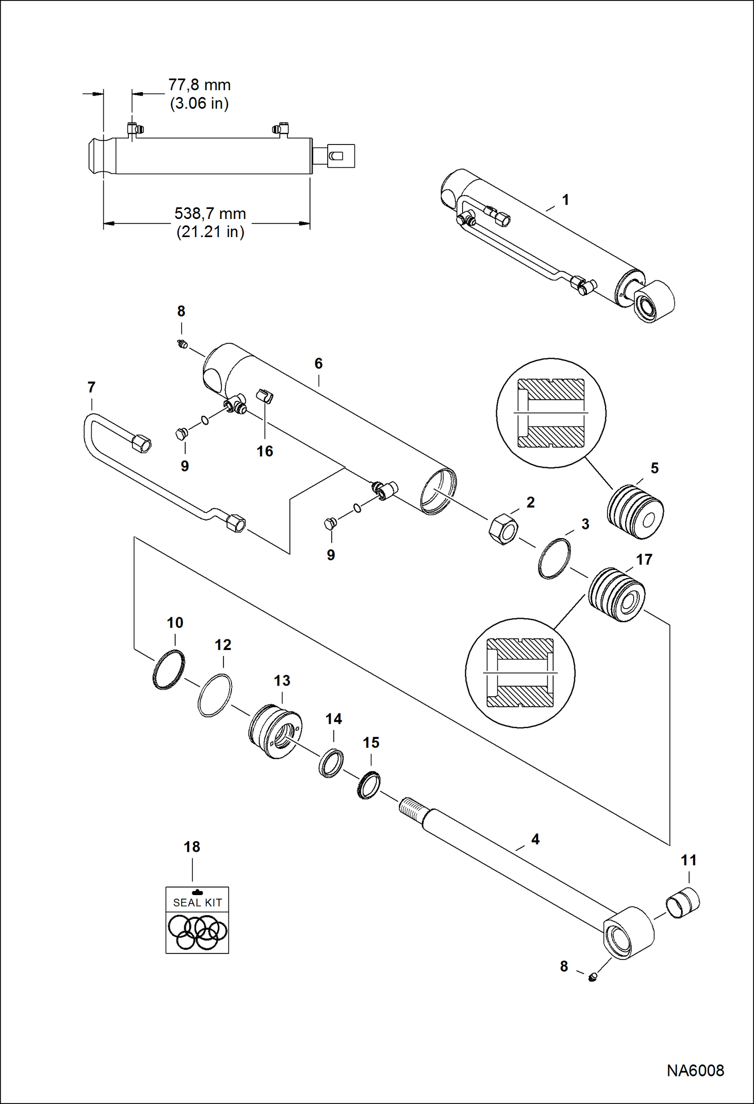 Схема запчастей Bobcat A-Series - TILT CYLINDER (RH) (538,7 mm - 21.21 Case Tube Length) (41,3 mm - 1.625 OD Shaft) HYDRAULIC SYSTEM