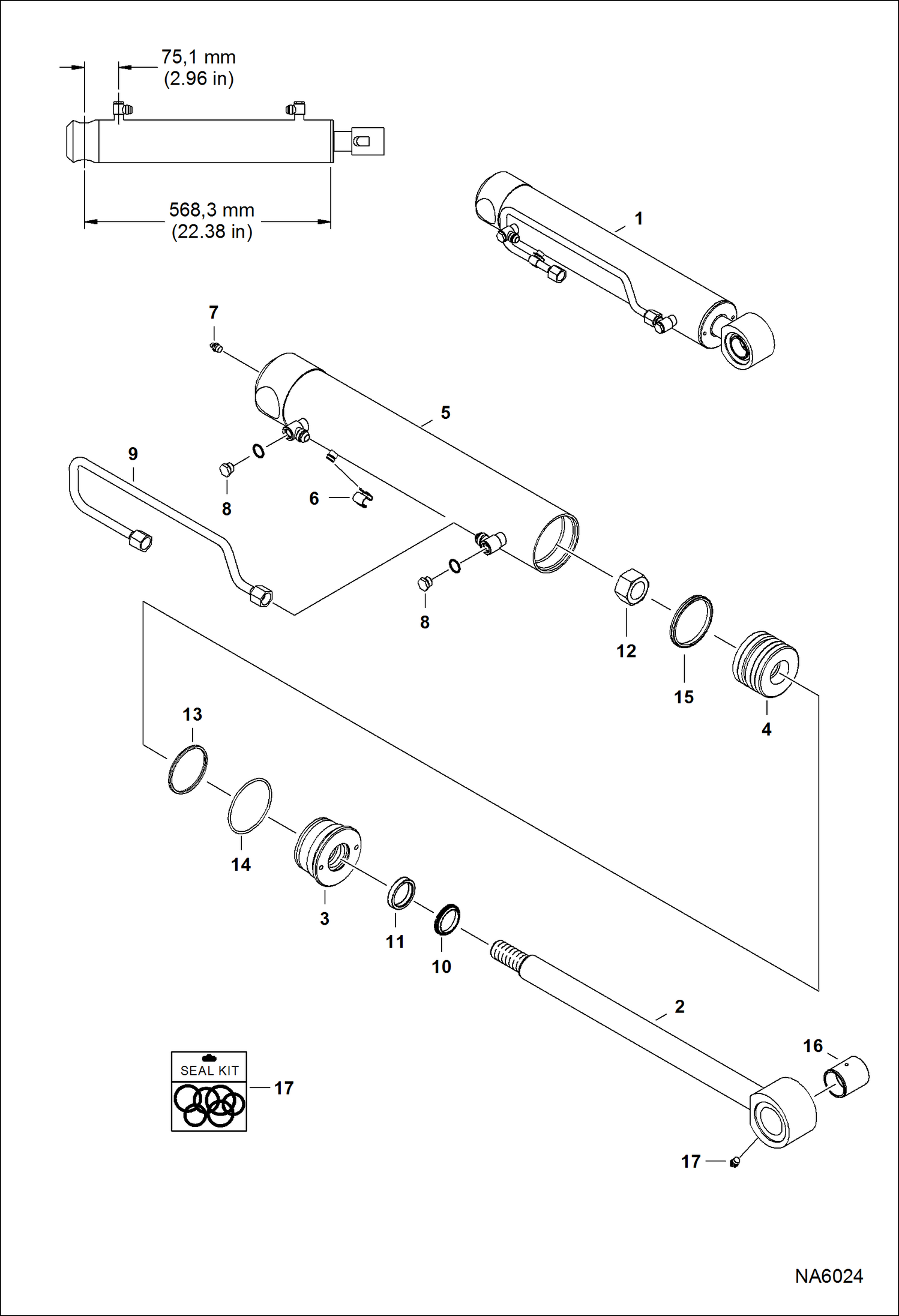 Схема запчастей Bobcat S-Series - TILT CYLINDER (LH) (568,3 mm - 22.38 Case Tube Length) (W/O Piston Collar) HYDRAULIC SYSTEM