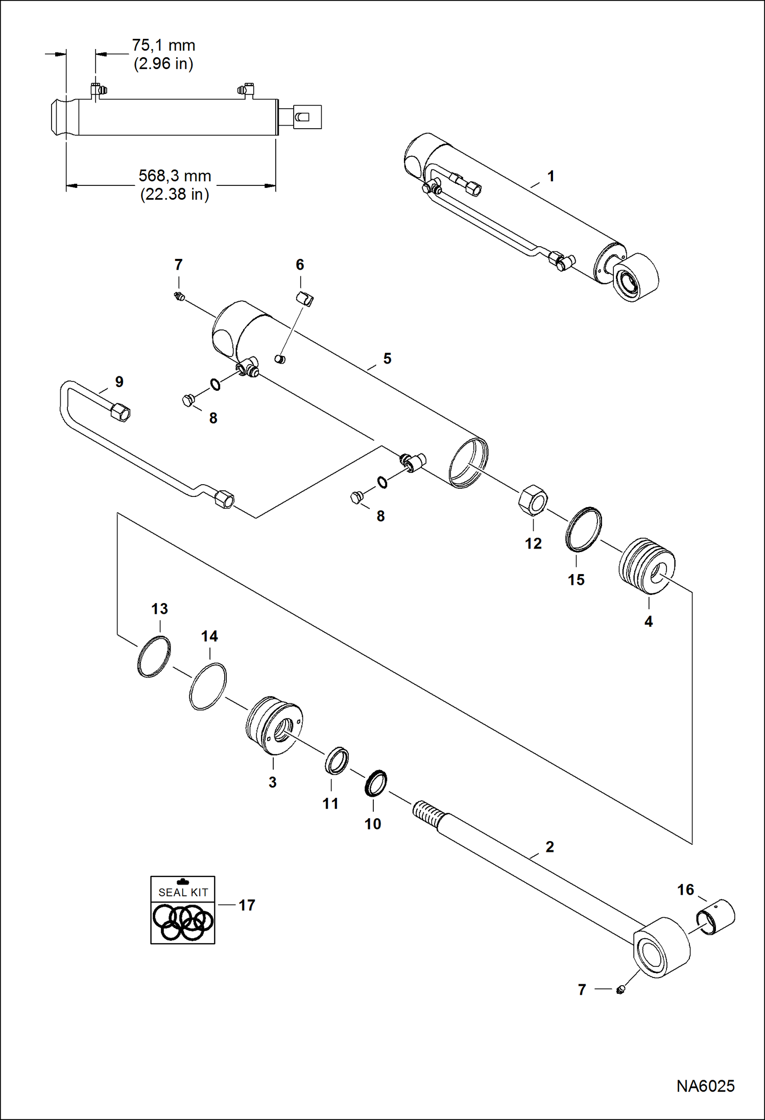 Схема запчастей Bobcat S-Series - TILT CYLINDER (RH) (568,3 mm - 22.38 Case Tube Length) (W/O Piston Collar) HYDRAULIC SYSTEM