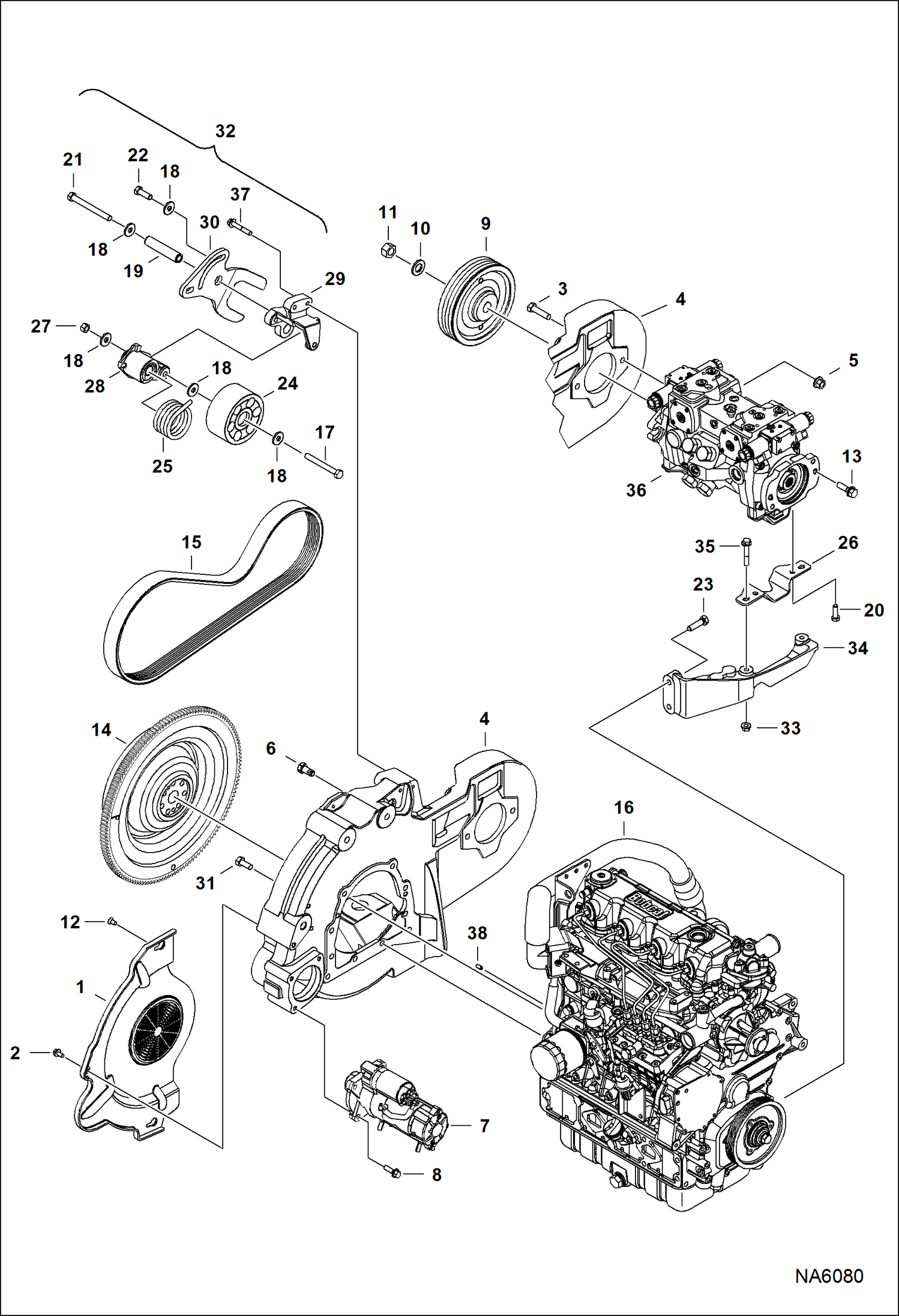 Схема запчастей Bobcat A-Series - ENGINE & ATTACHING PARTS (Belt Drive) (S/N ASRW11001 - 11100) POWER UNIT