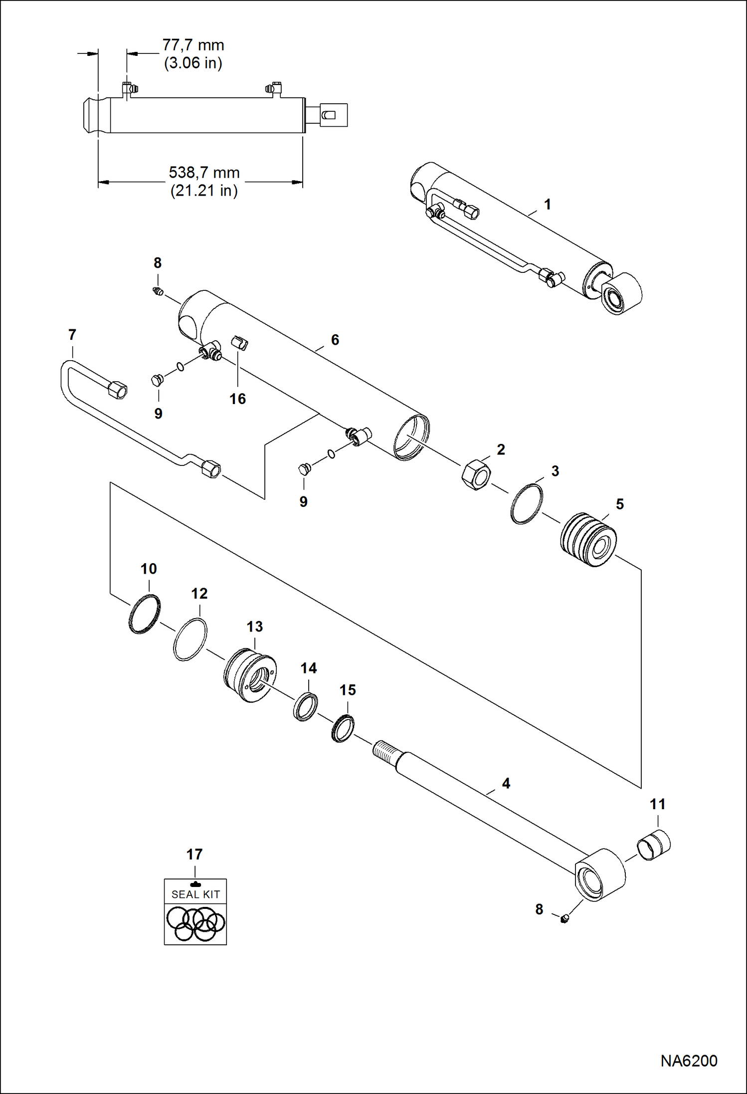 Схема запчастей Bobcat A-Series - TILT CYLINDER (RH) (538,7 mm - 21.21 Case Tube Length) (38,1 mm - 1.5 OD Shaft) (W/O Piston Collar) HYDRAULIC SYSTEM