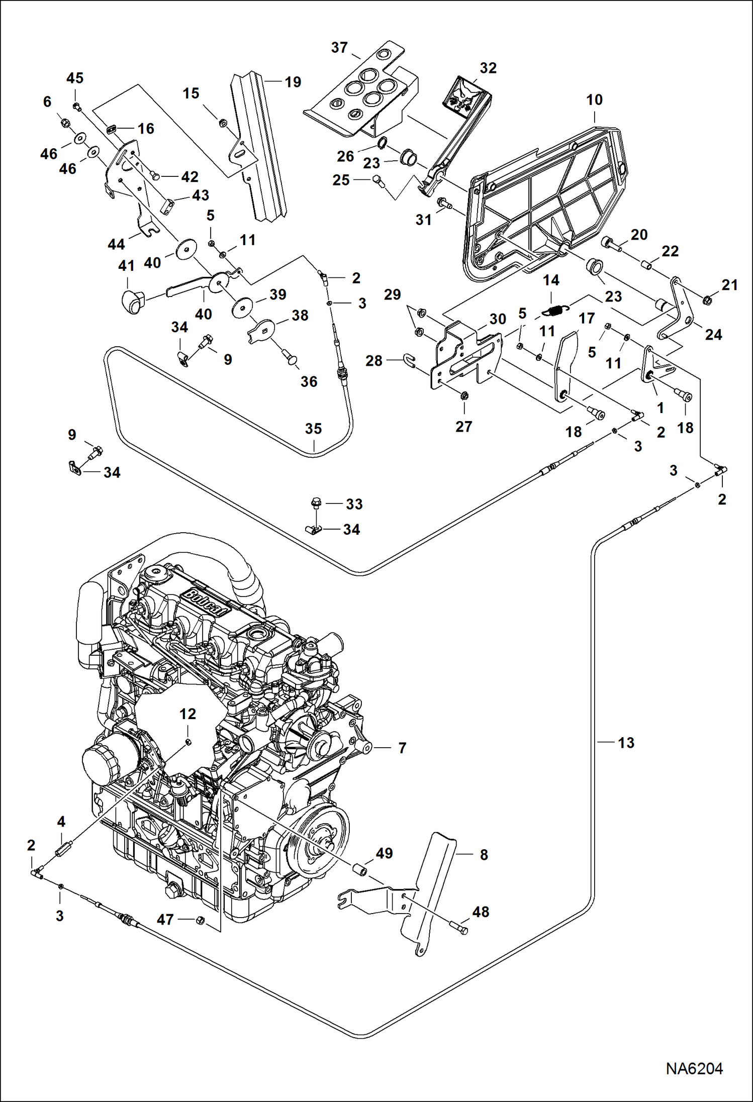 Схема запчастей Bobcat A-Series - ENGINE SPEED CONTROL (4616 mm) (181.7) Hand Cable - (2515 mm) (99) Foot Cable POWER UNIT