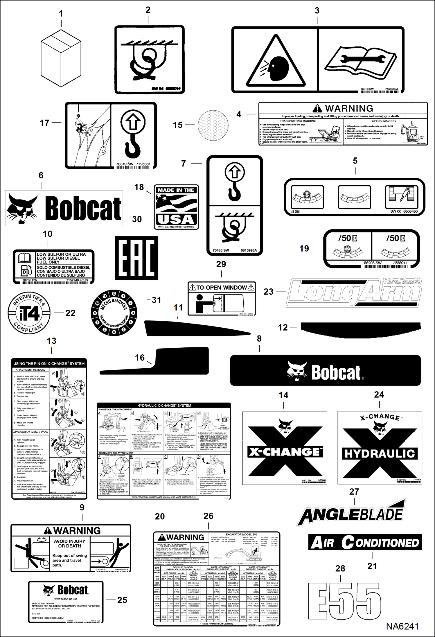 Схема запчастей Bobcat E55 - DECALS (Outside) ACCESSORIES & OPTIONS