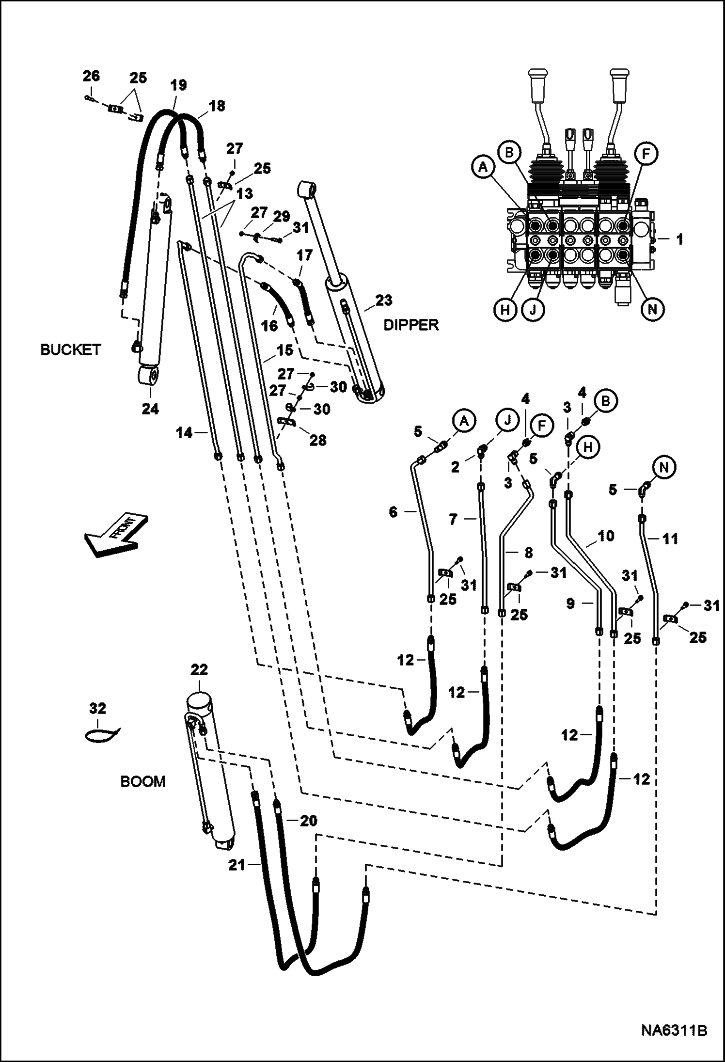 Схема запчастей Bobcat BACKHOE - BACKHOE (Boom Hydraulic Circuitry) (W/5 Sections) (8811 A558 & B393) 811/8811 BACKHOE