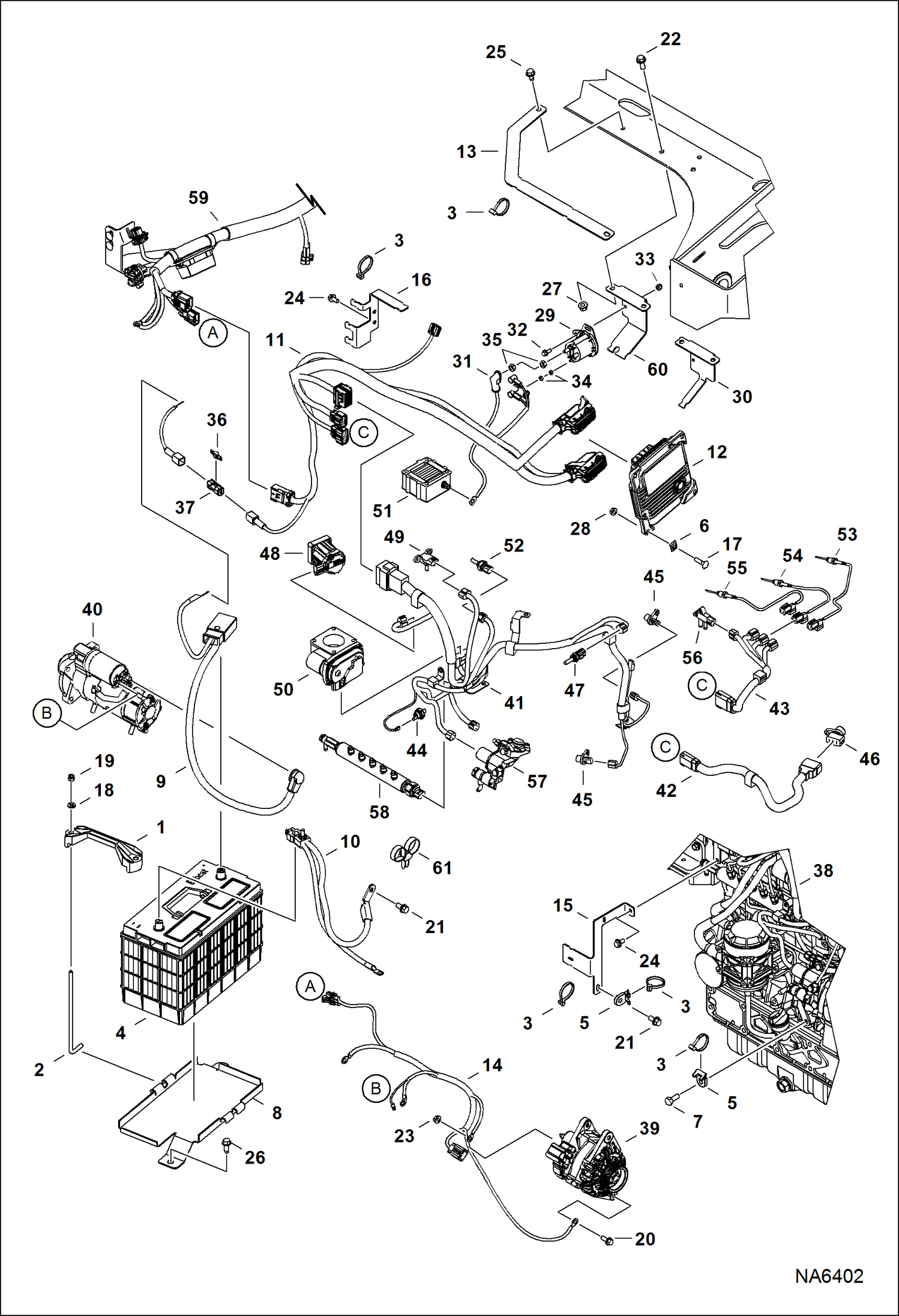 Схема запчастей Bobcat A-Series - ENGINE ELECTRICAL CIRCUITRY (Engine Sensors, Battery, Alt & Starter) ELECTRICAL SYSTEM