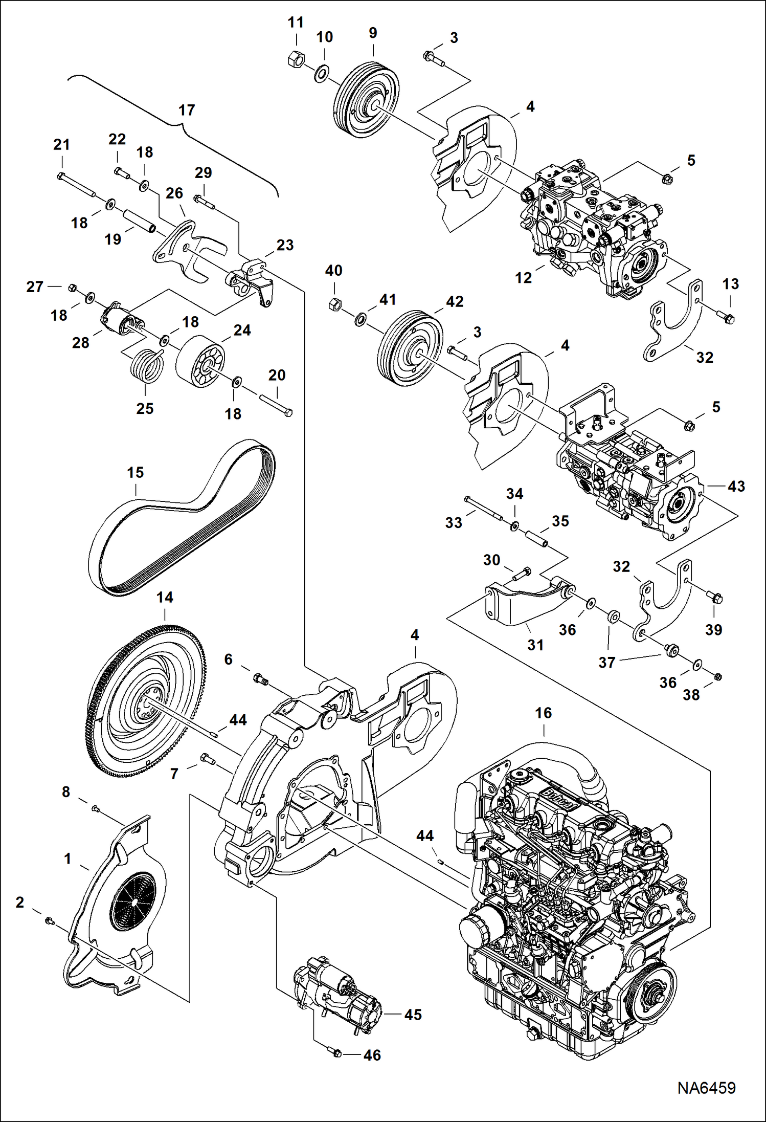 Схема запчастей Bobcat S-Series - ENGINE & ATTACHING PARTS (Belt Drive) (S/N ASRV11385 & Above) POWER UNIT