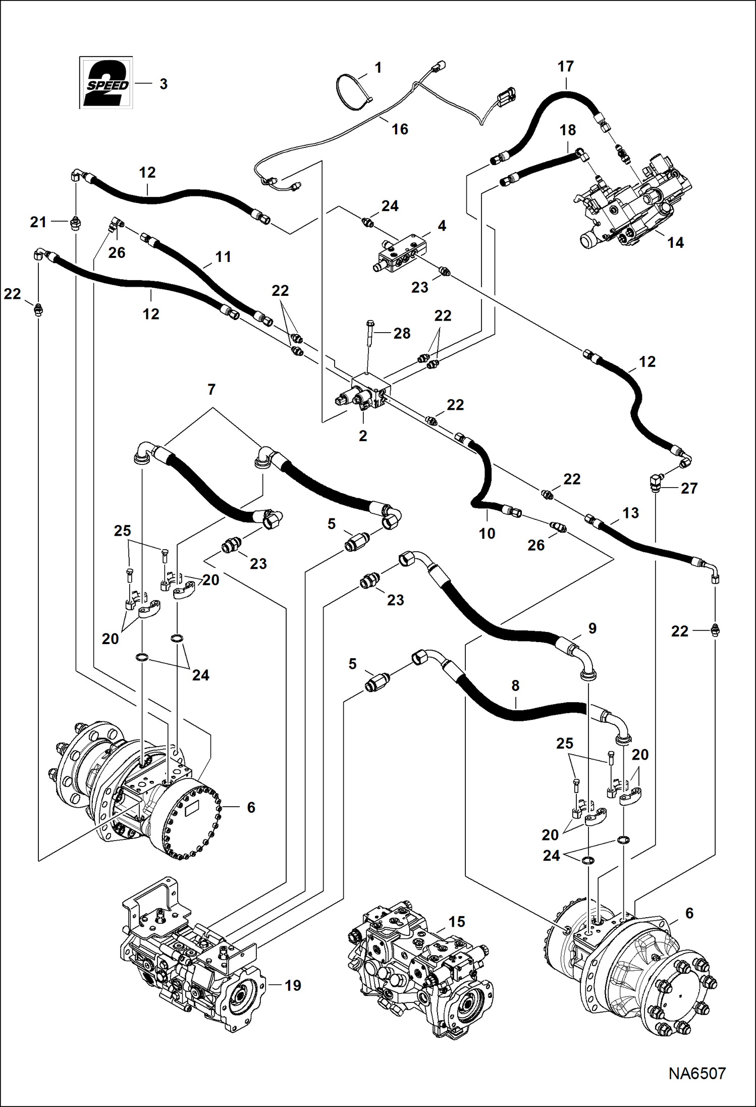 Схема запчастей Bobcat T-Series - HYDROSTATIC CIRCUITRY (2-Speed Motor) (S/N A7PU13050 & Above) HYDROSTATIC SYSTEM