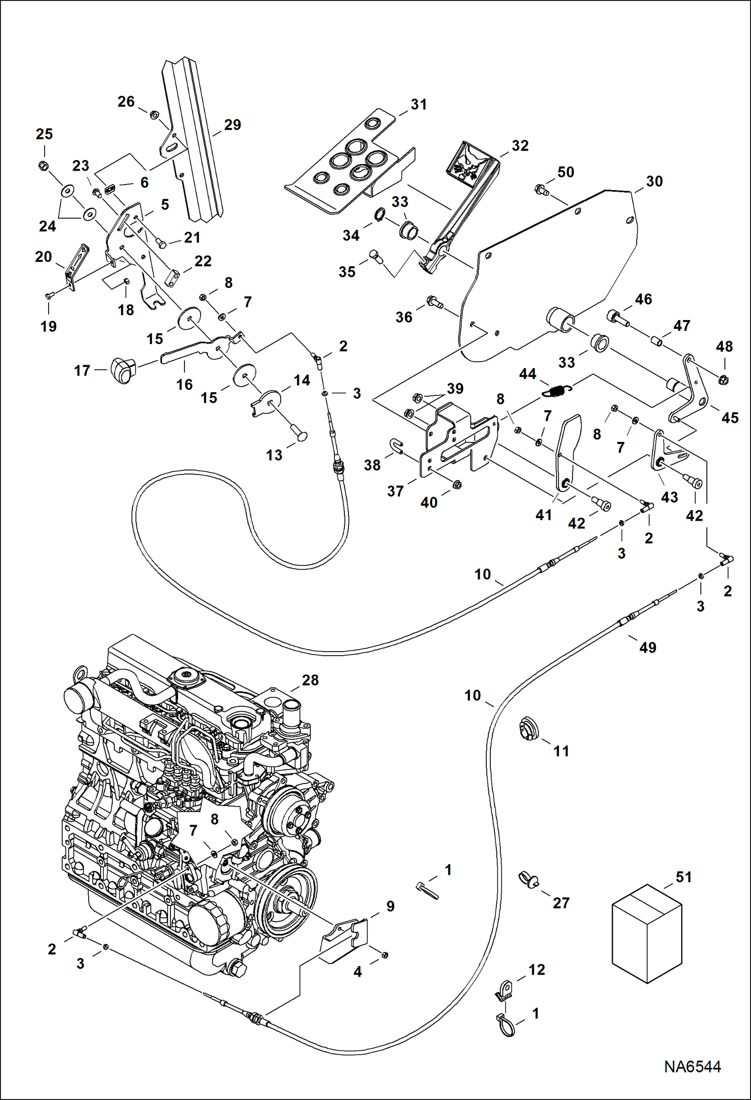 Схема запчастей Bobcat S-Series - ENGINE SPEED CONTROL (SJC) (3412 mm) (134.4) Hand Cable - (2292 mm) (90.3) Foot Cable POWER UNIT