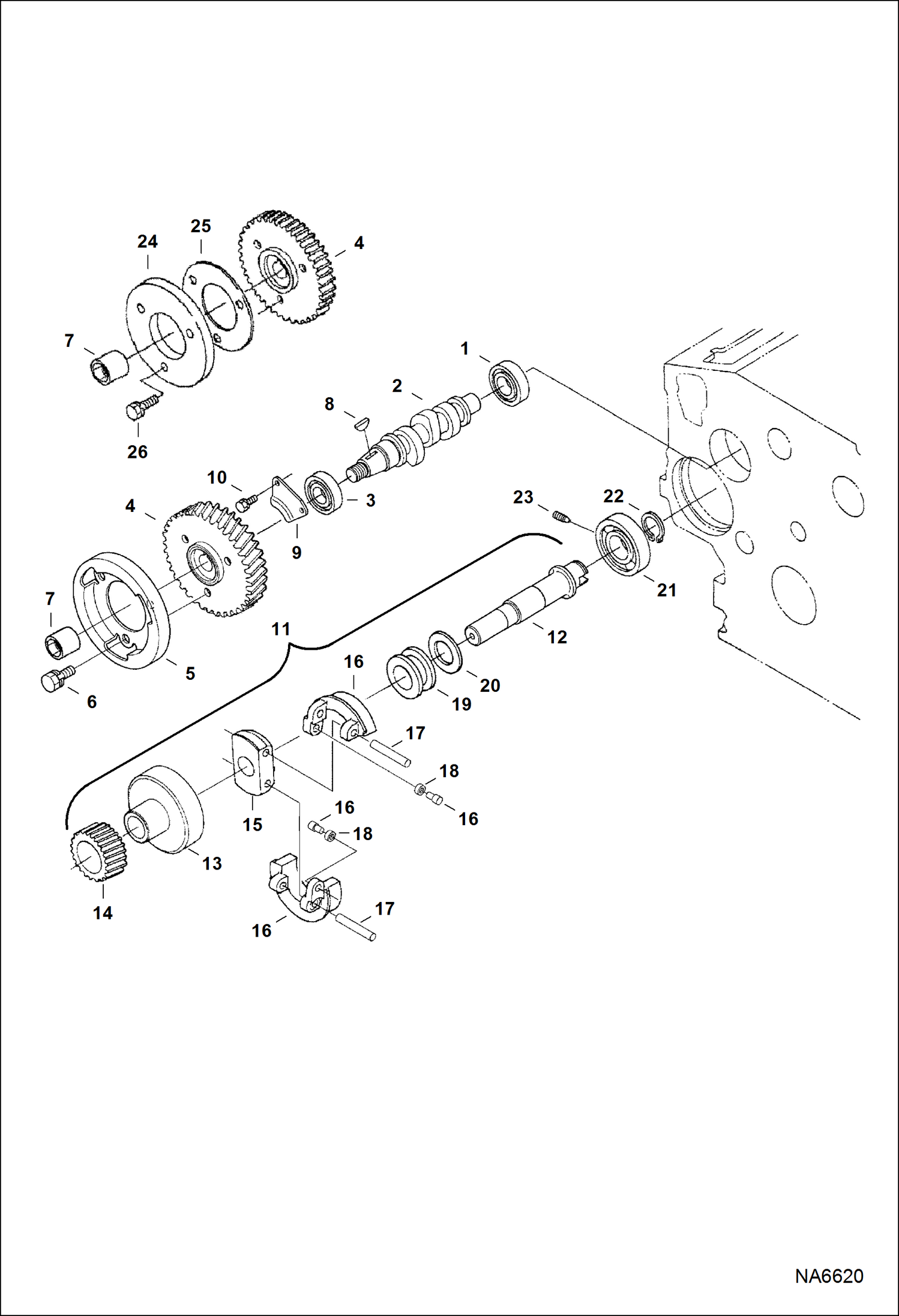 Схема запчастей Bobcat 400s - FUEL CAMSHAFT & GOVERNOR SHAFT (Kubota D1005 Tier II) (S/N 538911001 & Above, 539011001 & Above) POWER UNIT