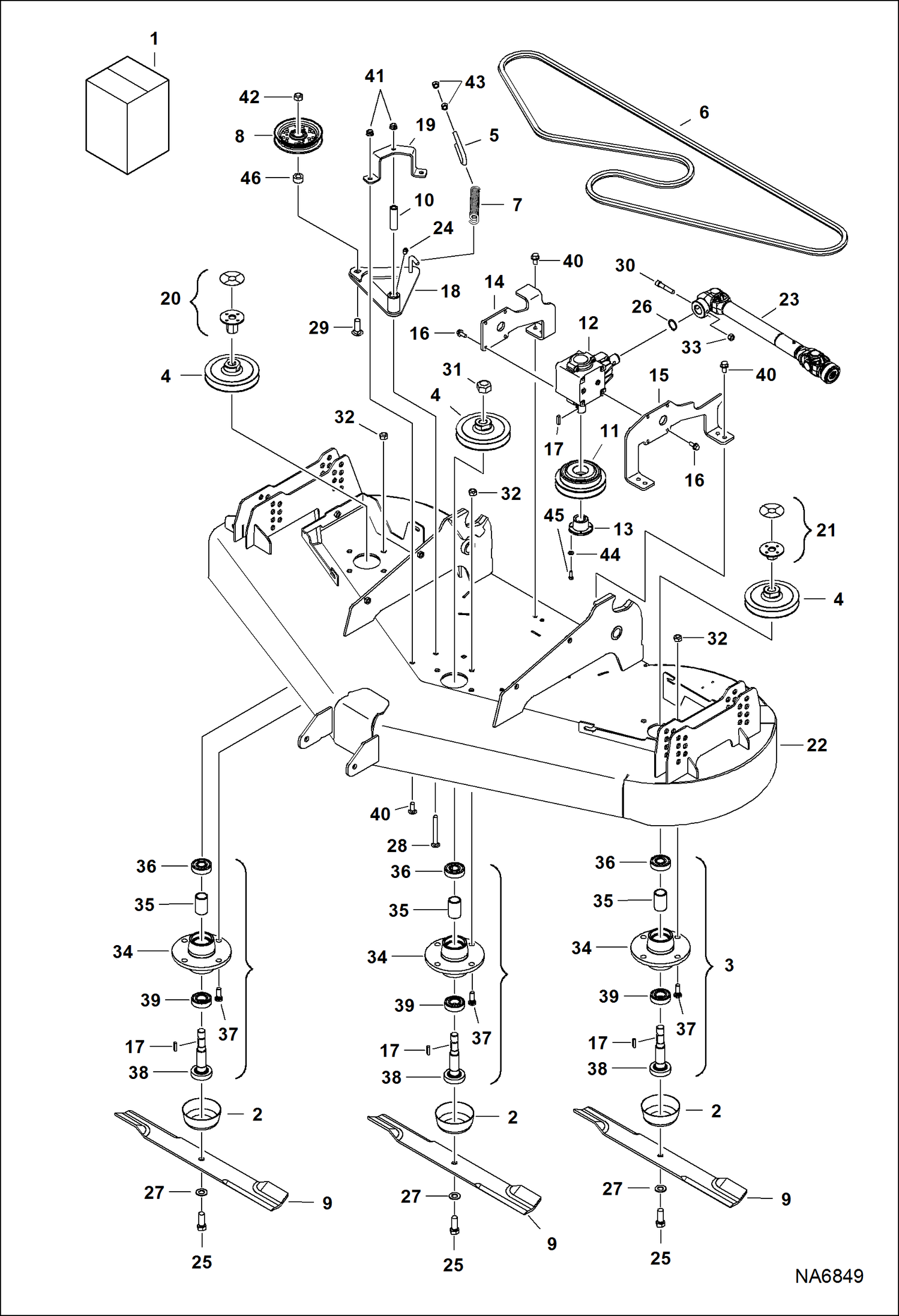 Схема запчастей Bobcat MOWER - MOWER (Main Frame, Belt, Pulleys & Blades) (66 AW44) Универсальный мини-грузовик