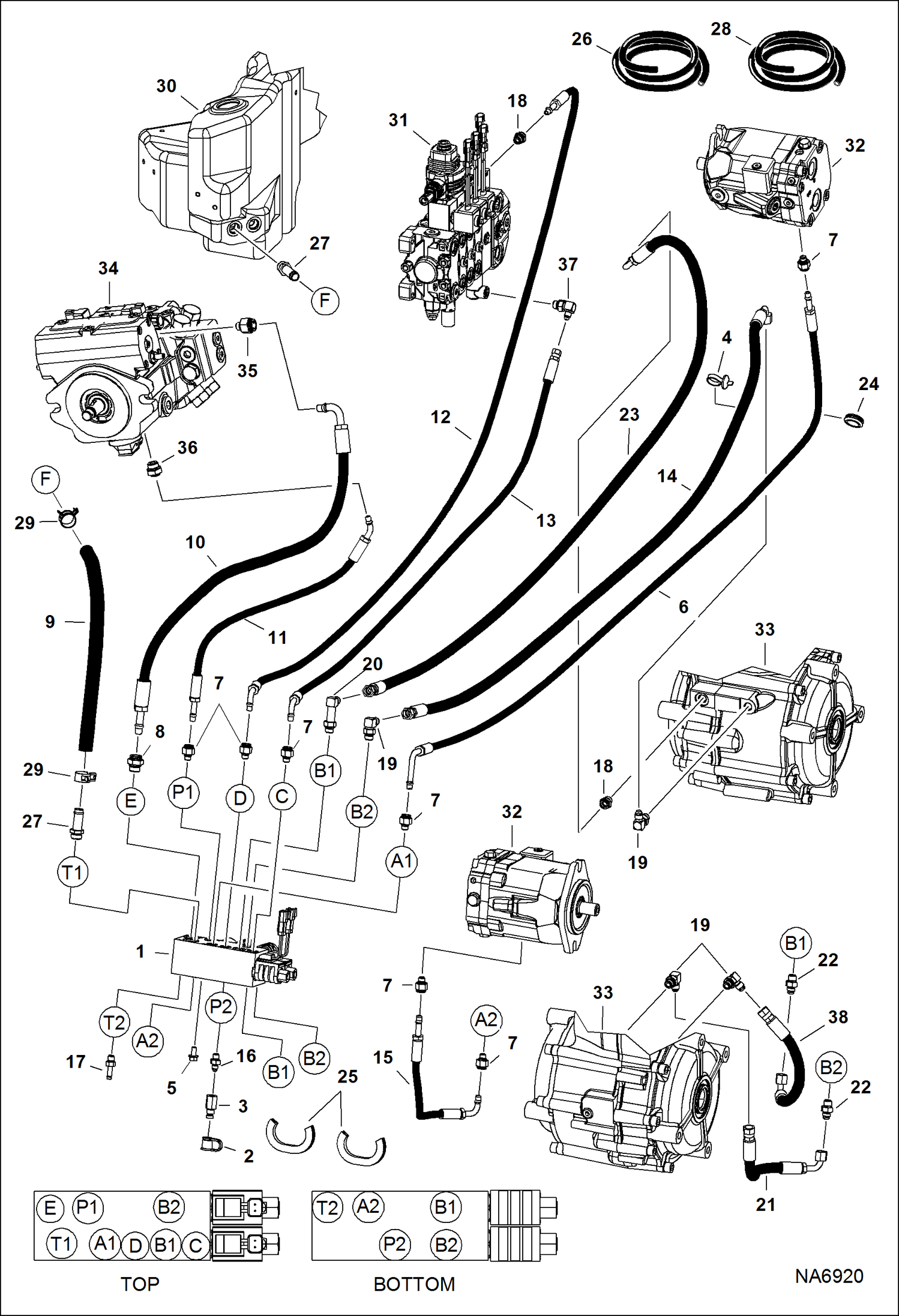 Схема запчастей Bobcat 5600 - HYDRAULIC CIRCUITRY (Pilot) (Dual) (A94Y14000 & Above) HYDRAULIC SYSTEM