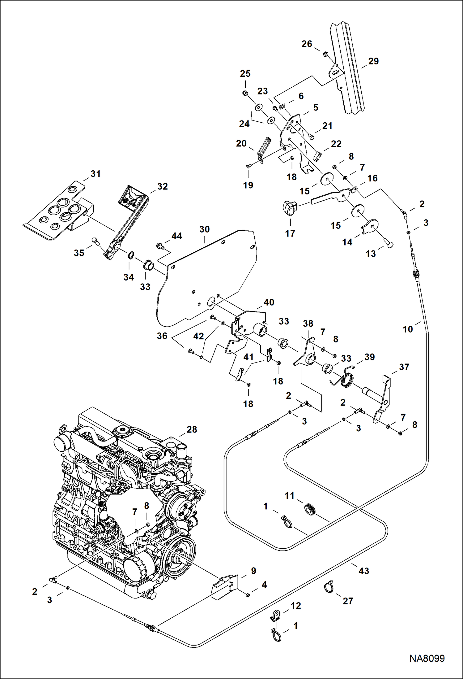 Схема запчастей Bobcat S-Series - ENGINE SPEED CONTROL (SJC) (4224 mm) (166.3) Hand Cable - (2469 mm) (97.2) Foot Cable POWER UNIT