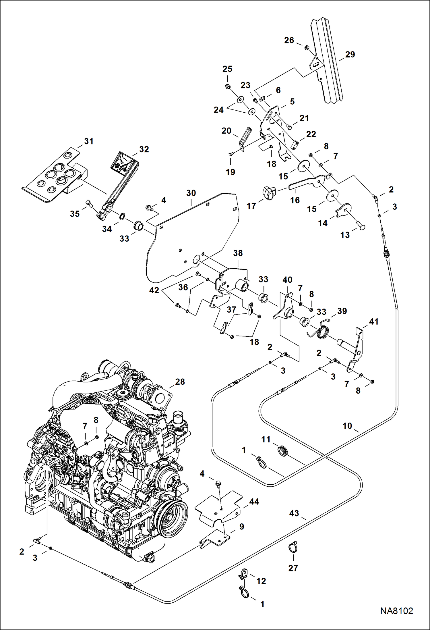 Схема запчастей Bobcat S-Series - ENGINE SPEED CONTROL (SJC) (4224 mm) (166.3) Hand Cable - (2469 mm) (97.2) Foot Cable POWER UNIT