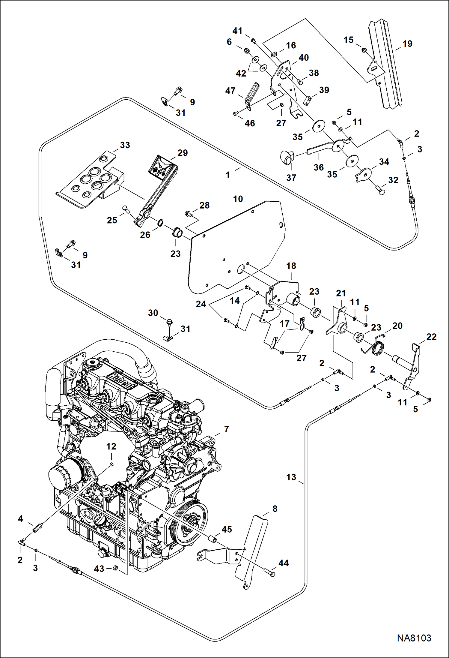 Схема запчастей Bobcat A-Series - ENGINE SPEED CONTROL (4724 mm) (186) Hand Cable - (2692 mm) (106) Foot Cable POWER UNIT