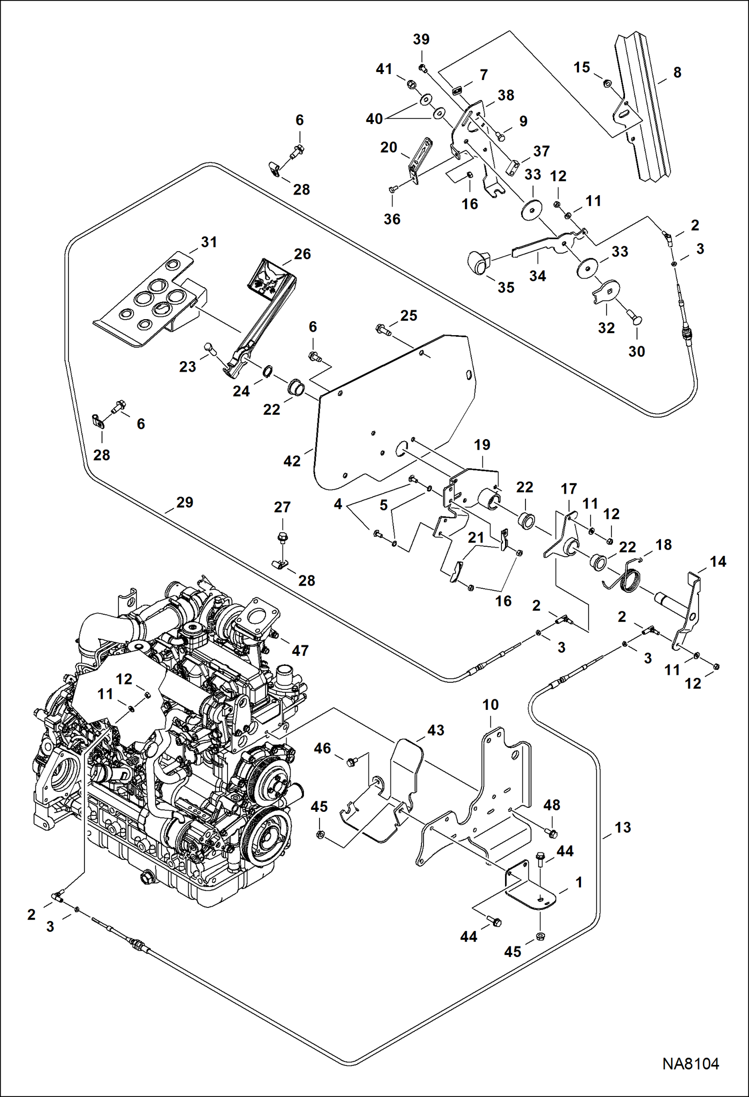 Схема запчастей Bobcat S-Series - ENGINE SPEED CONTROL (SJC) (4724 mm) (186) Hand Cable - (2469 mm) (97.2) Foot Cable POWER UNIT