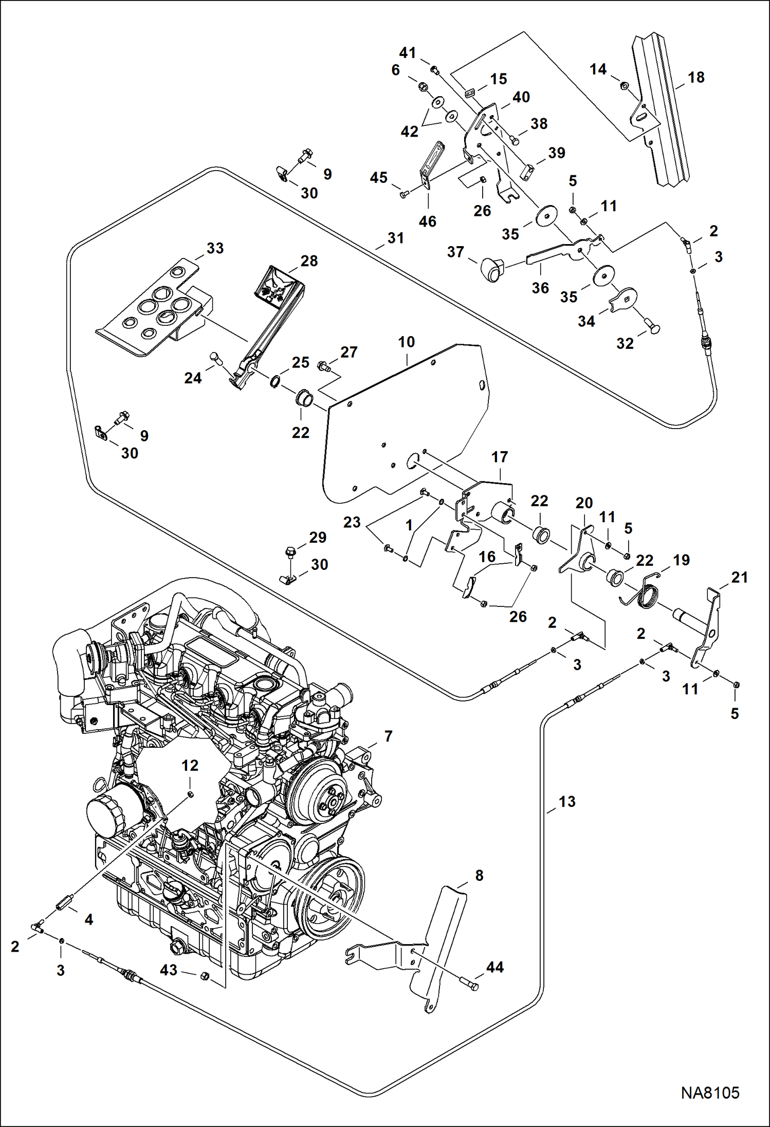 Схема запчастей Bobcat A-Series - ENGINE SPEED CONTROL (4724 mm) (186) Hand Cable - (2692 mm) (106) Foot Cable POWER UNIT