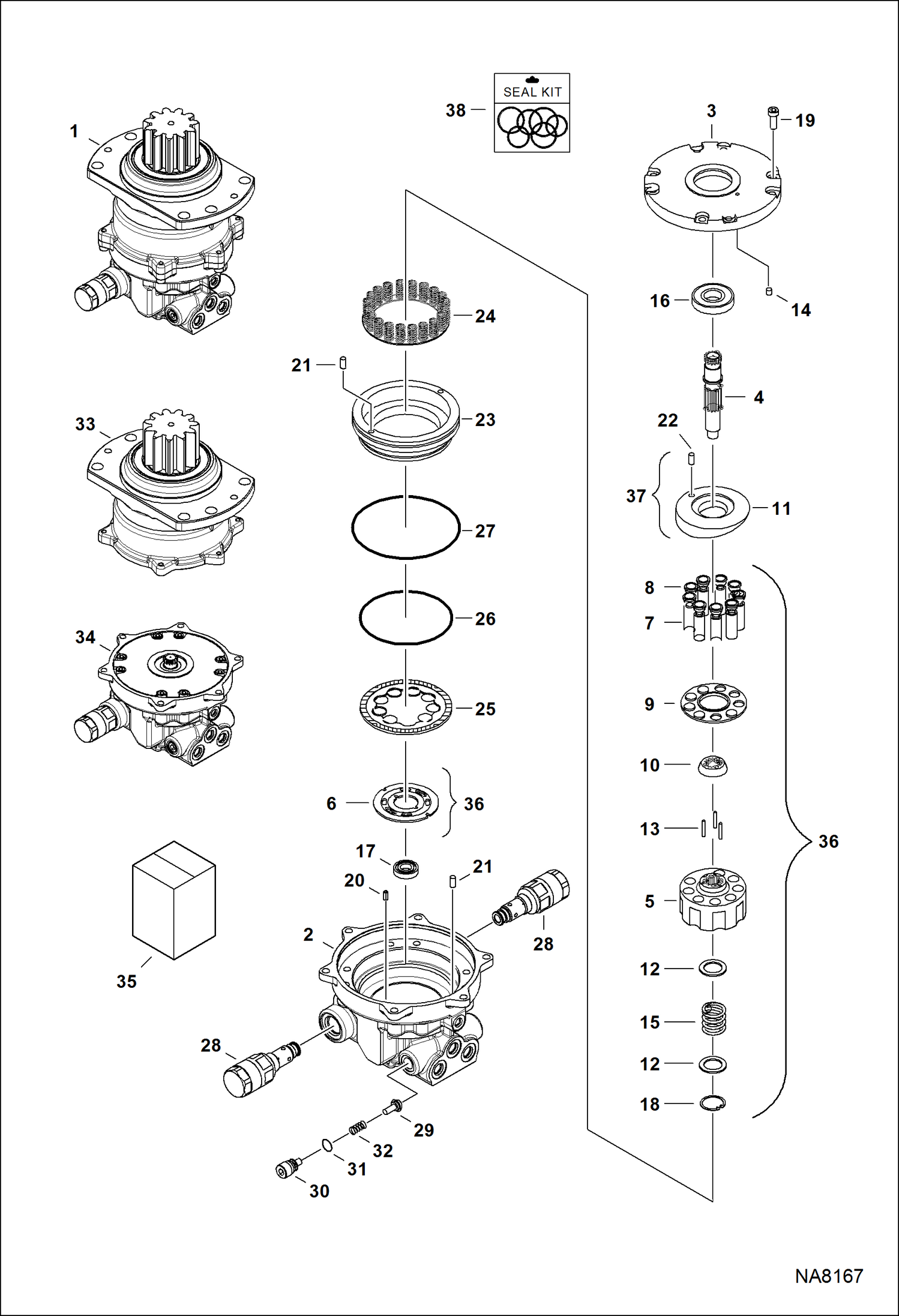 Схема запчастей Bobcat E32 - SLEW MOTOR (Assembly)(W/O Timer Valve) (S/N A94H & Above, AC2N & Above) HYDRAULIC SYSTEM