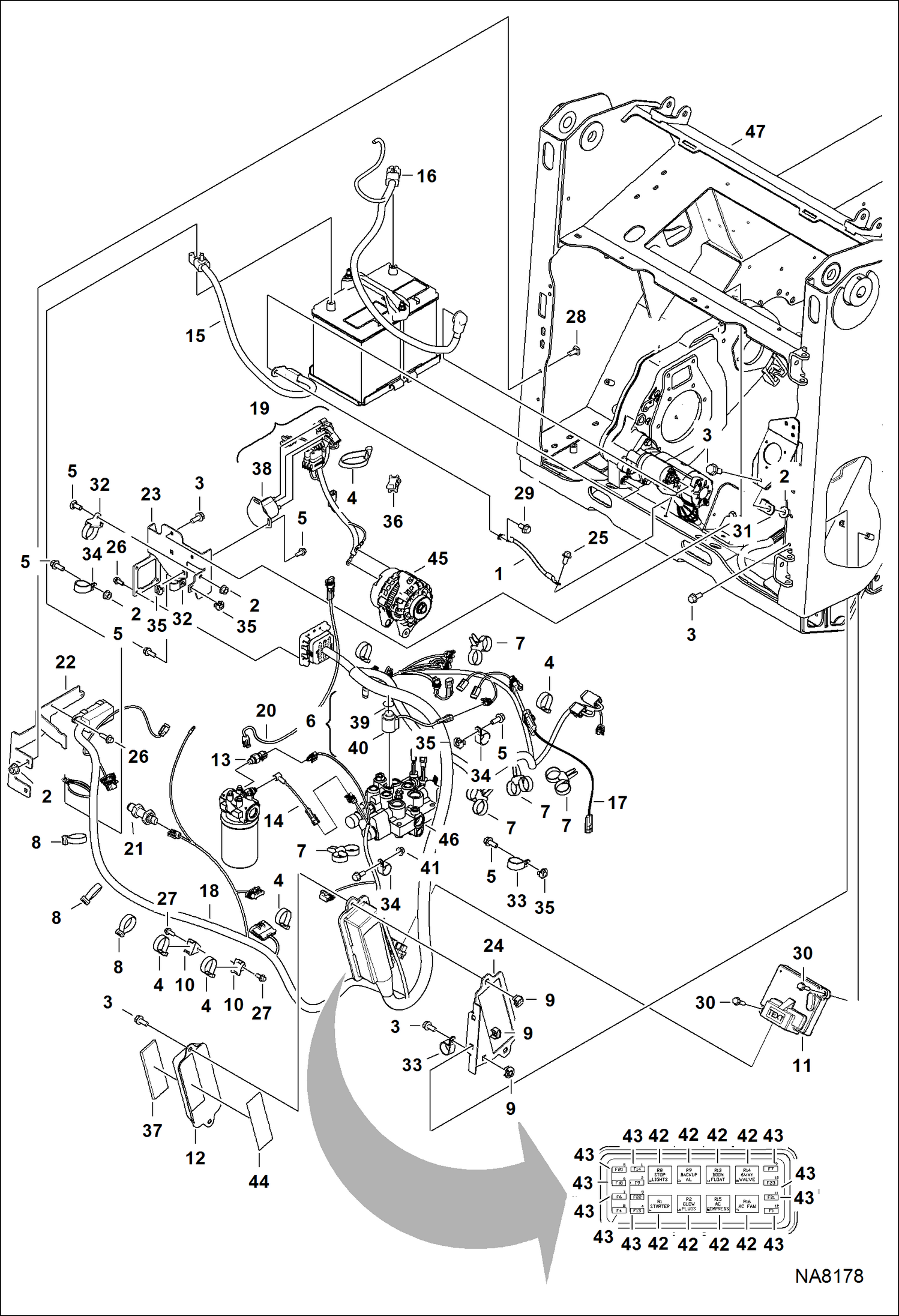 Схема запчастей Bobcat S-Series - ELECTRICAL CIRCUITRY (Engine Sensors, Battery, Alternator & Starter) ELECTRICAL SYSTEM