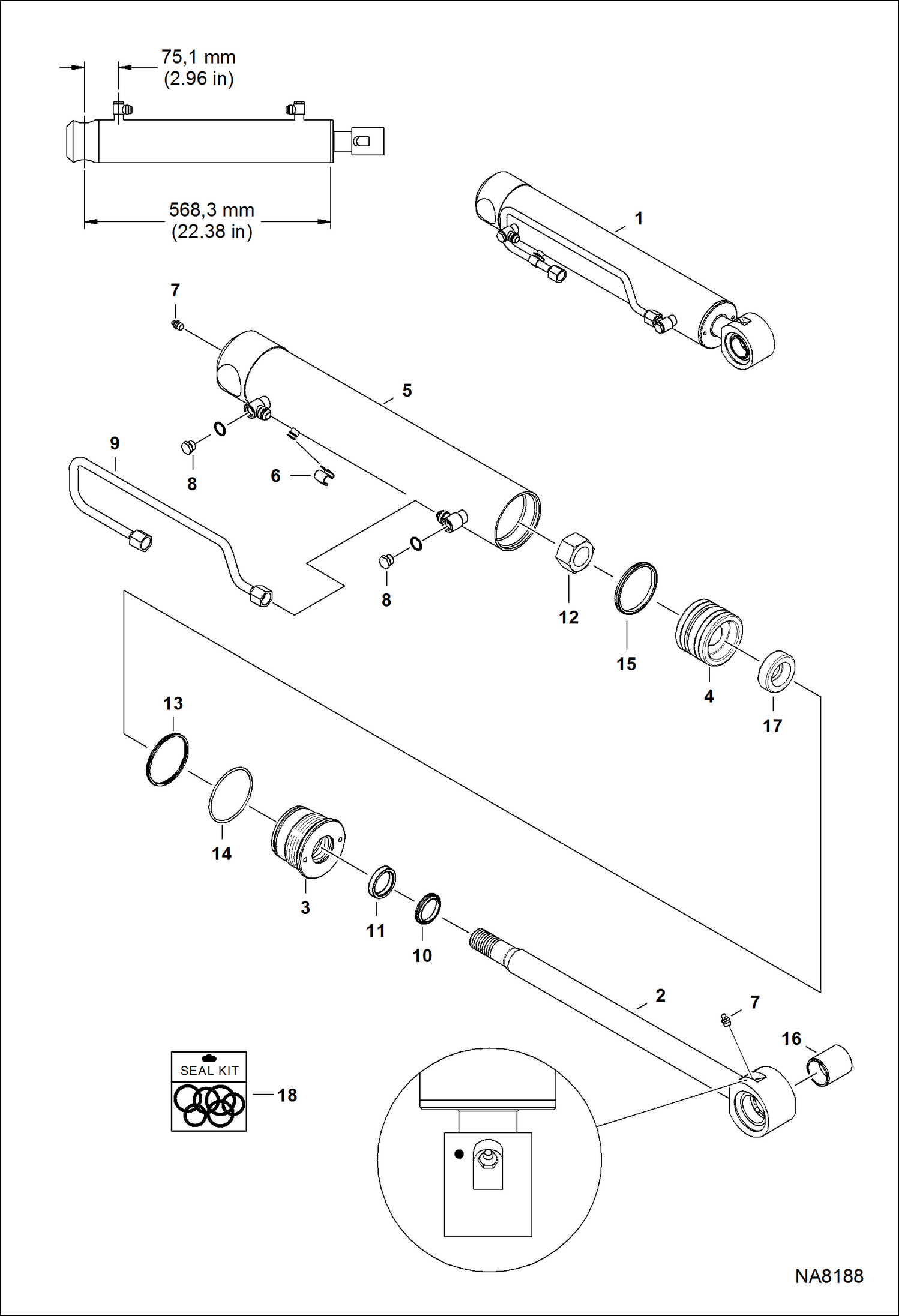 Схема запчастей Bobcat S-Series - TILT CYLINDER (LH) (568,3 mm - 22.38 Case Tube Length) (W/Piston Collar) (W/Round machined ID mark) HYDRAULIC SYSTEM