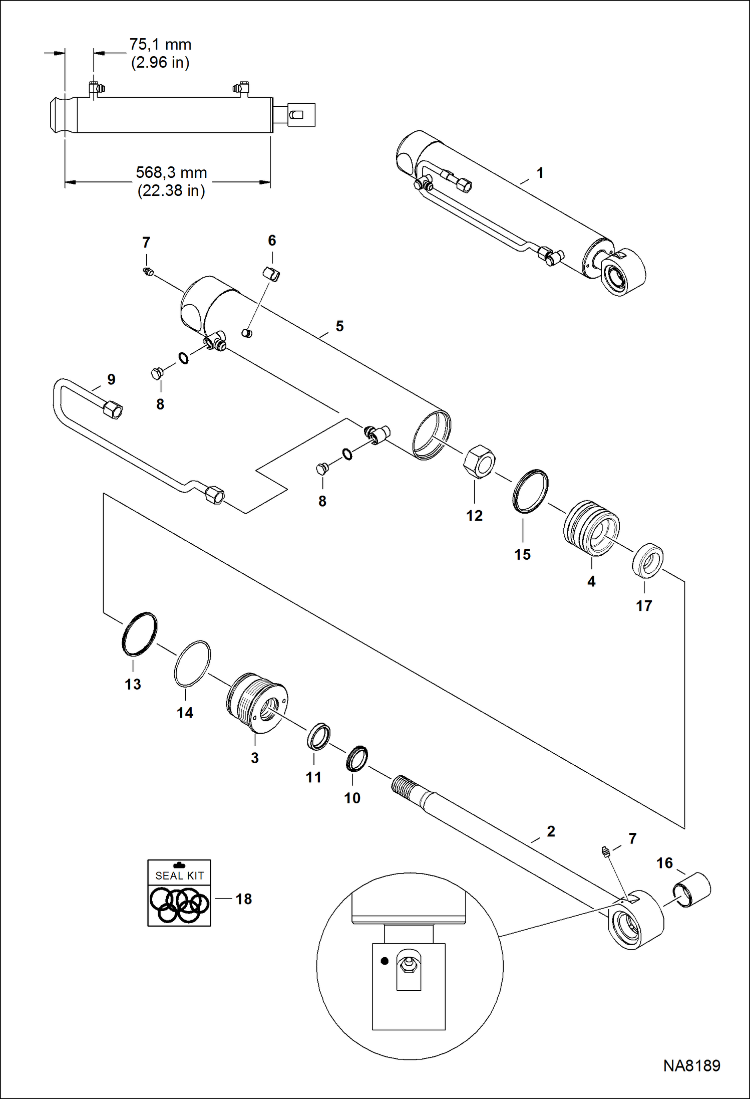 Схема запчастей Bobcat S-Series - TILT CYLINDER (RH) (568,3 mm - 22.38 Case Tube Length) (W/Piston Collar) (W/Round machined ID mark) HYDRAULIC SYSTEM