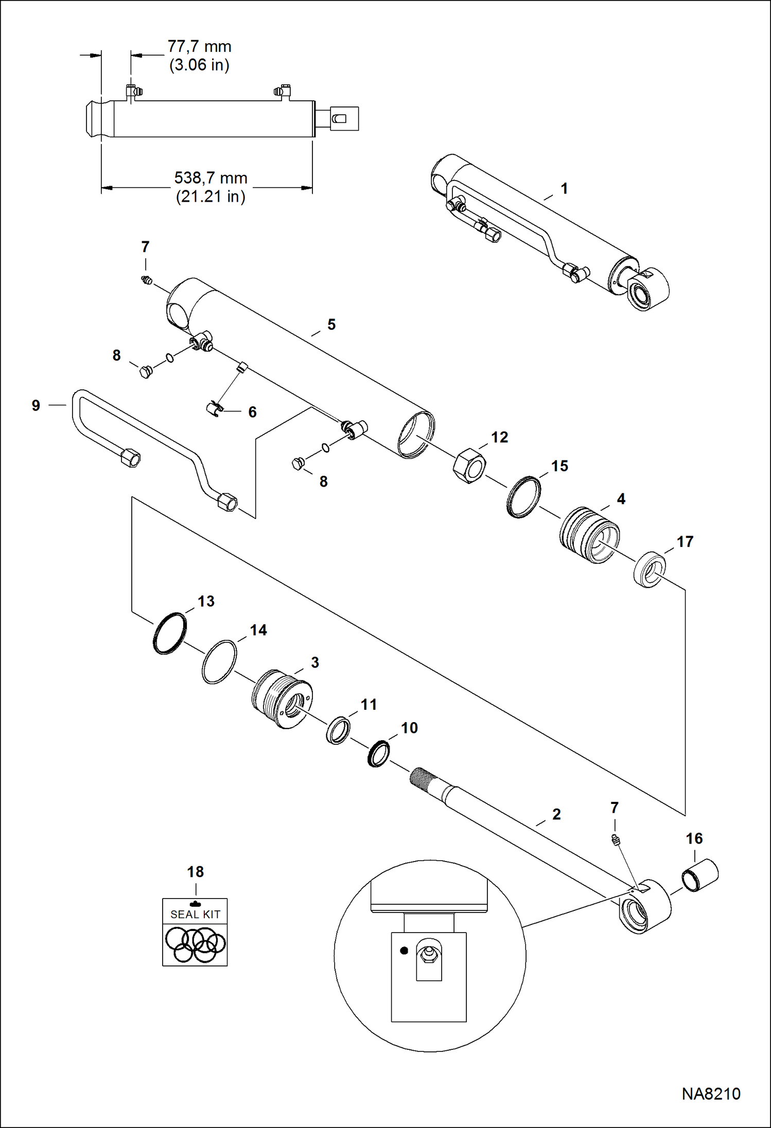 Схема запчастей Bobcat A-Series - TILT CYLINDER (LH) (538,7 mm - 21.21 Case Tube Length) (38,1 mm - 1.5 OD Shaft) (W/Piston Collar) (W/Round machined ID mark) HYDRAULIC SYSTEM