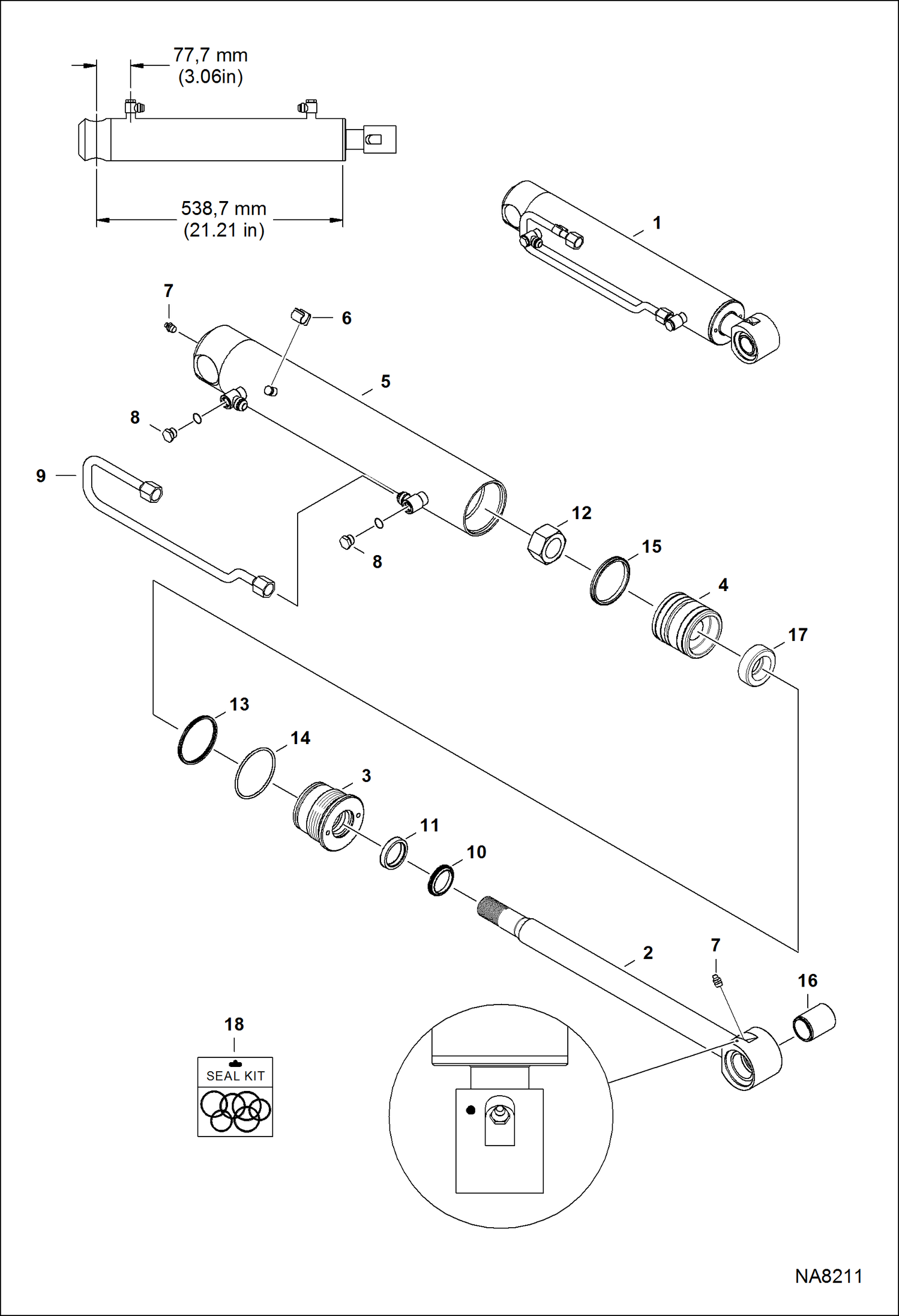 Схема запчастей Bobcat A-Series - TILT CYLINDER (RH) (538,7 mm - 21.21 Case Tube Length) (38,1 mm - 1.5 OD Shaft) (W/Piston Collar) (W/Round machined ID mark) HYDRAULIC SYSTEM