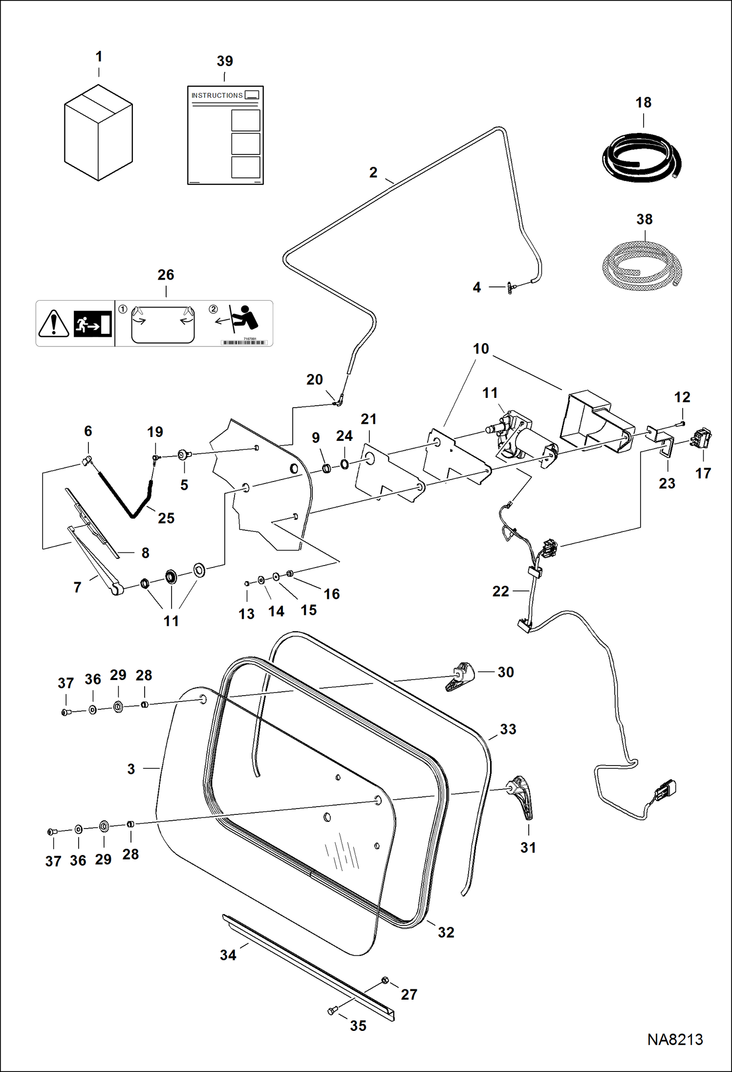 Схема запчастей Bobcat A-Series - REAR WIPER KIT (666 mm) (26.2) x (379 mm) (14.92) Cab Opening ACCESSORIES & OPTIONS